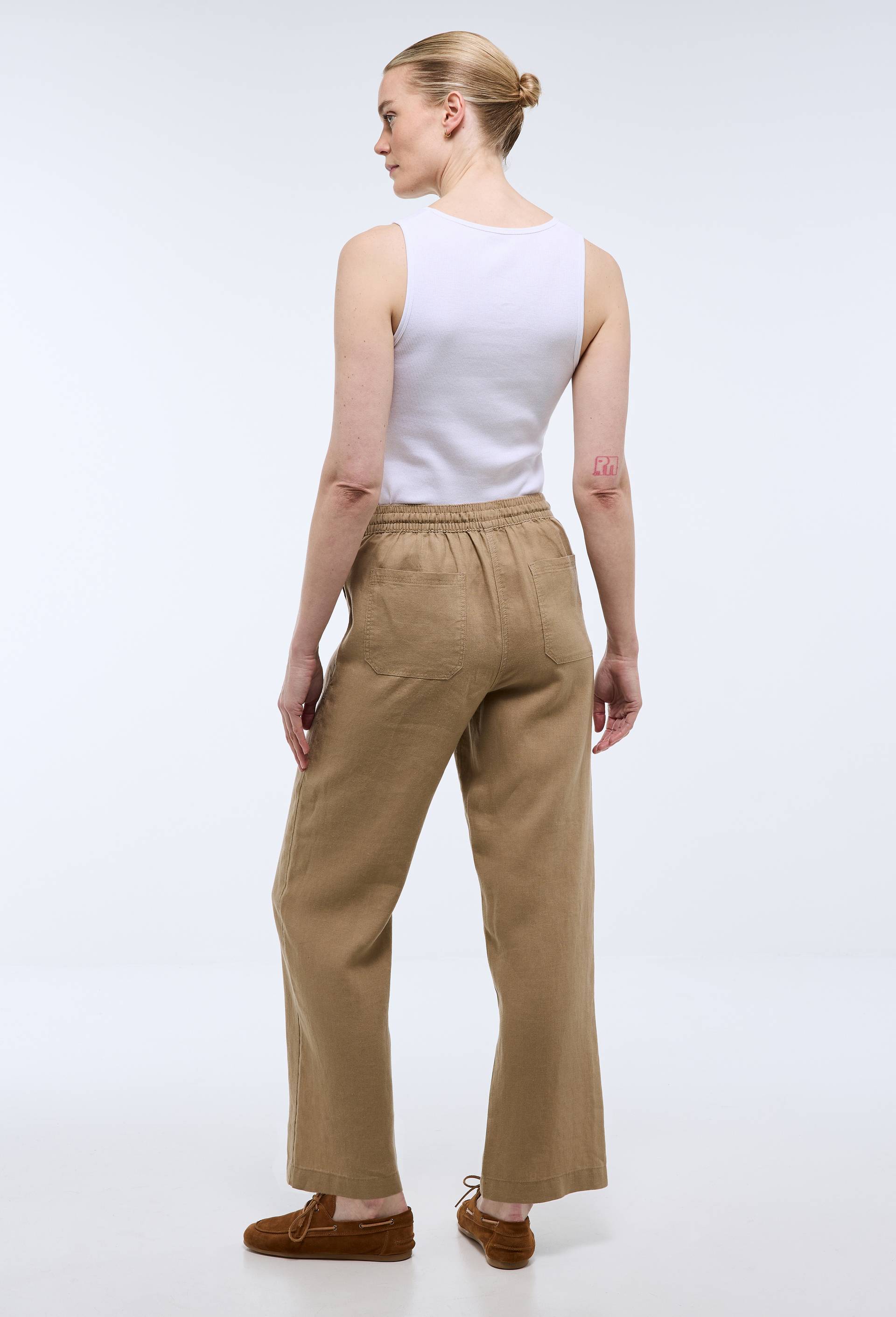 Pantalon taille semi-&eacute;lastiqu&eacute;e uni en lin, Beige, large image number 1
