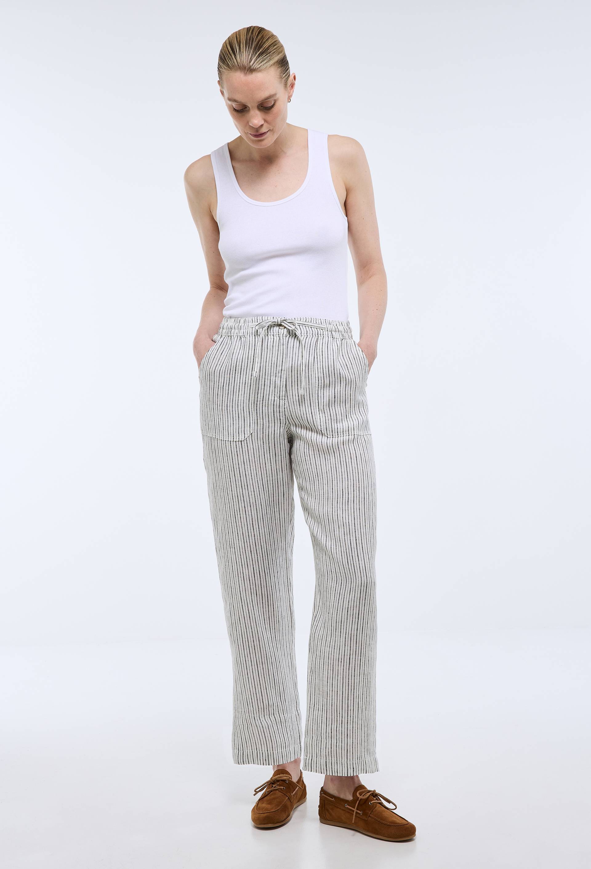 Pantalon taille semi &eacute;lastiqu&eacute;e &agrave; rayures en lin, Ecru, large image number 0