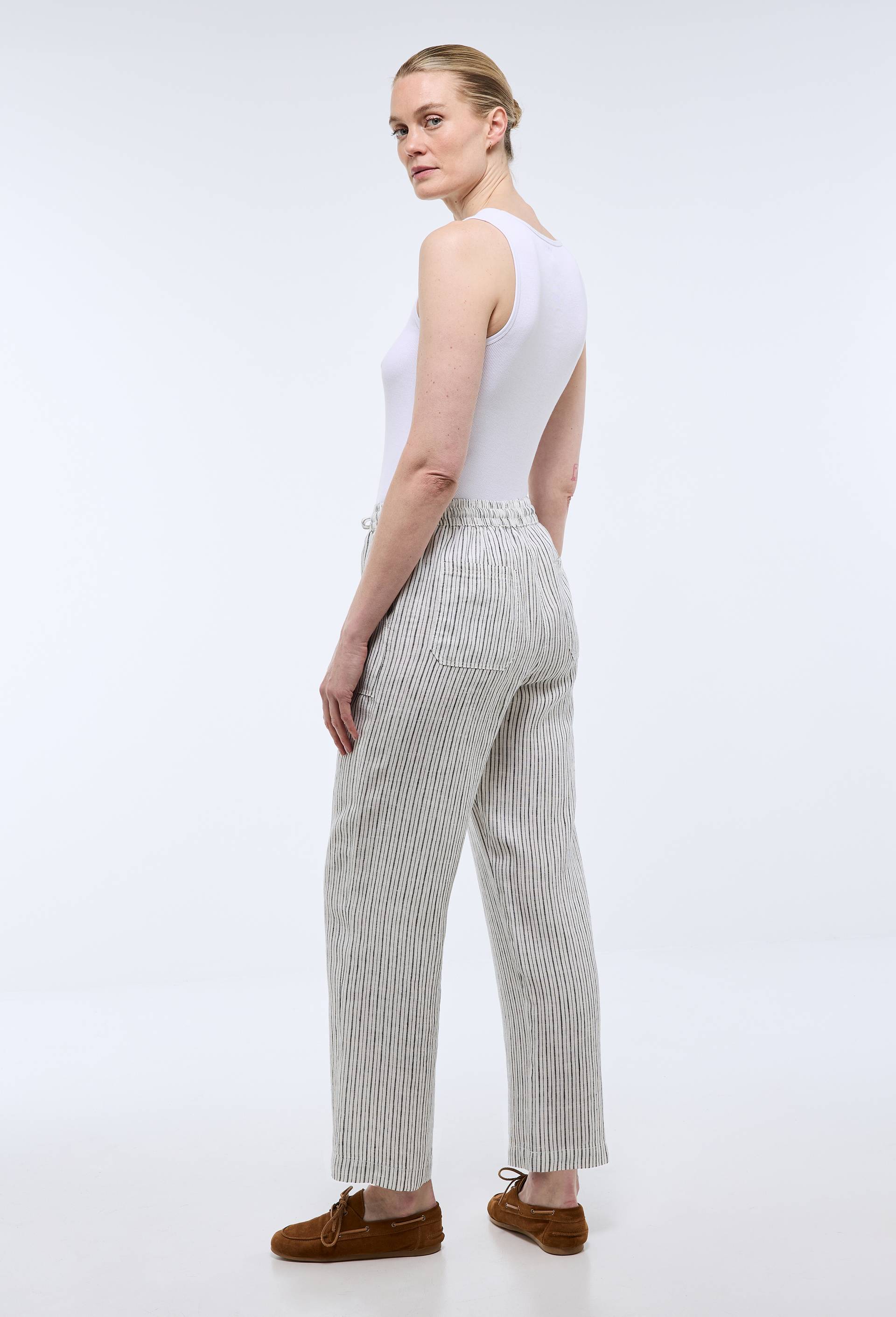 Pantalon taille semi &eacute;lastiqu&eacute;e &agrave; rayures en lin, Ecru, large image number 1.0