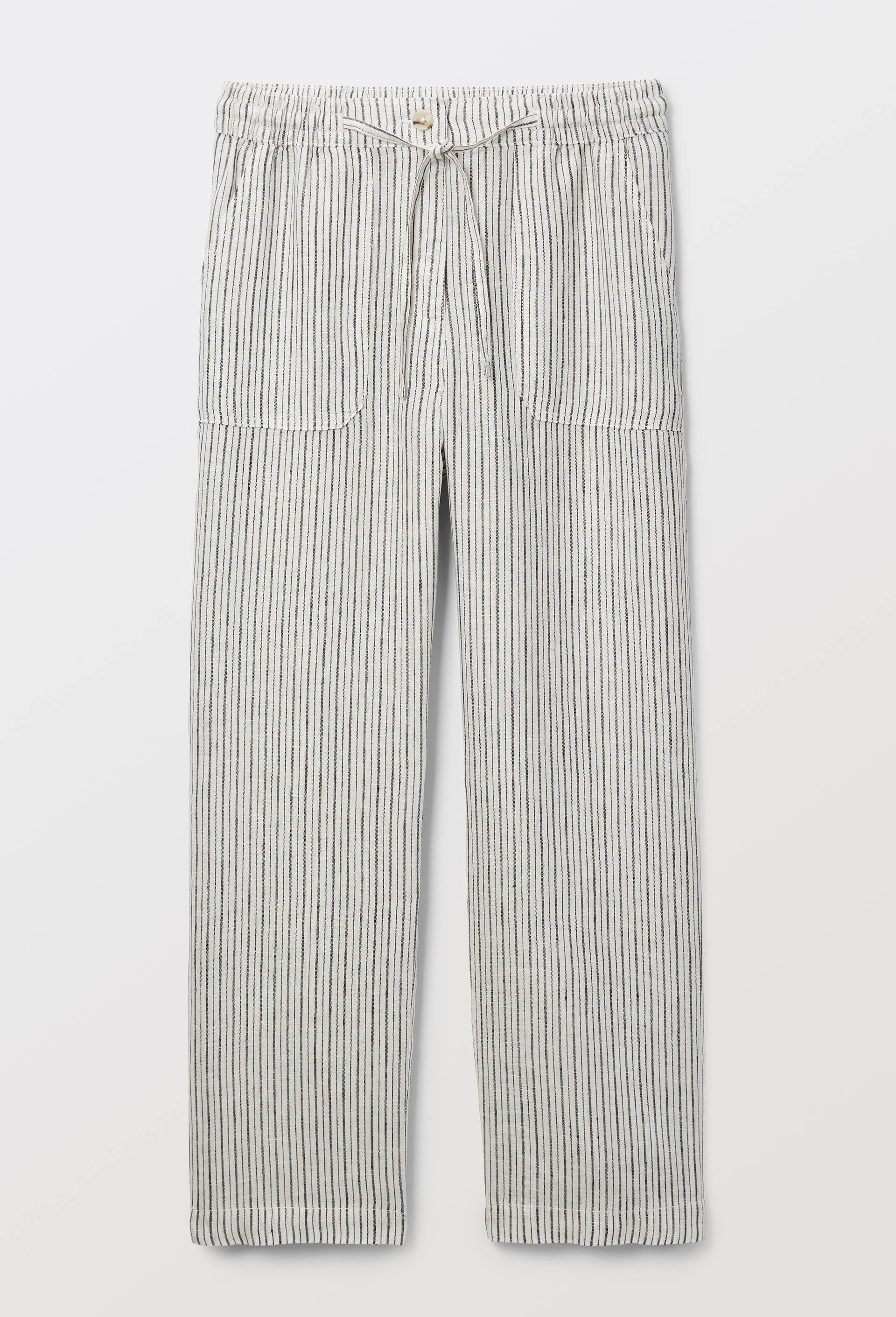 Pantalon taille semi &eacute;lastiqu&eacute;e &agrave; rayures en lin, Ecru, large image number 2