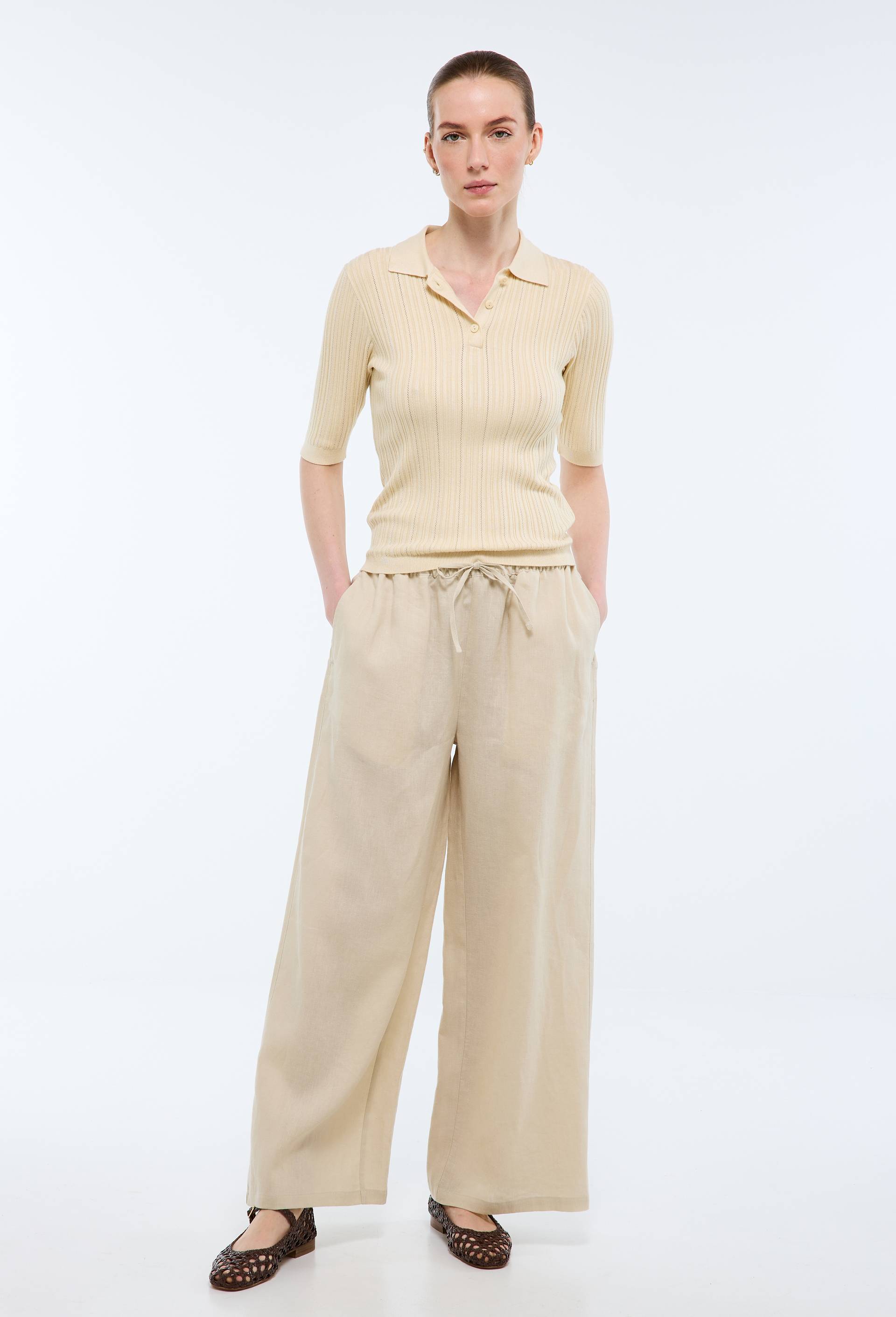 Pantalon en lin avec cordon &agrave; la taille, Beige clair, large image number 0.0