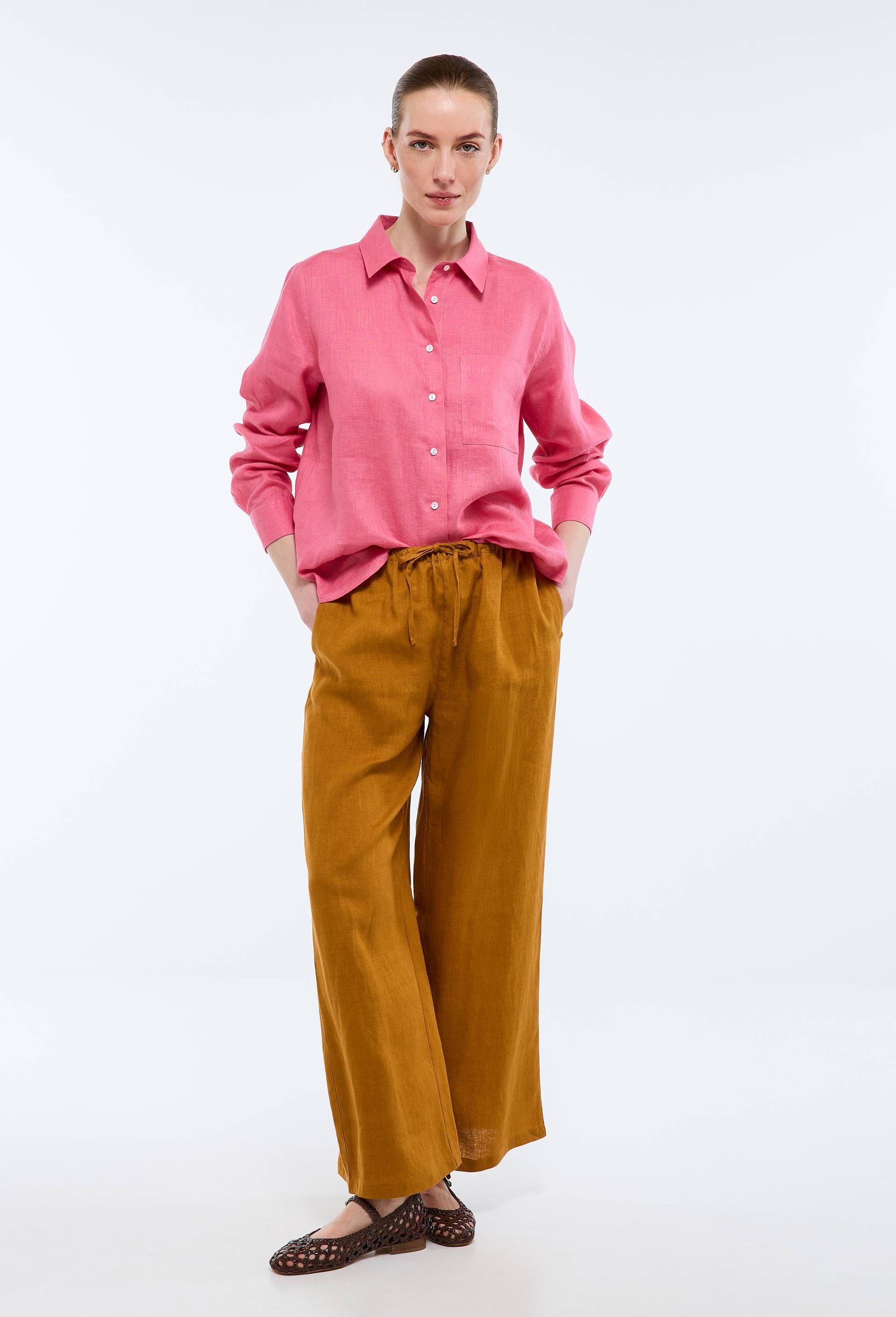 Pantalon en lin avec cordon &agrave; la taille, Brun clair, large image number 0.0