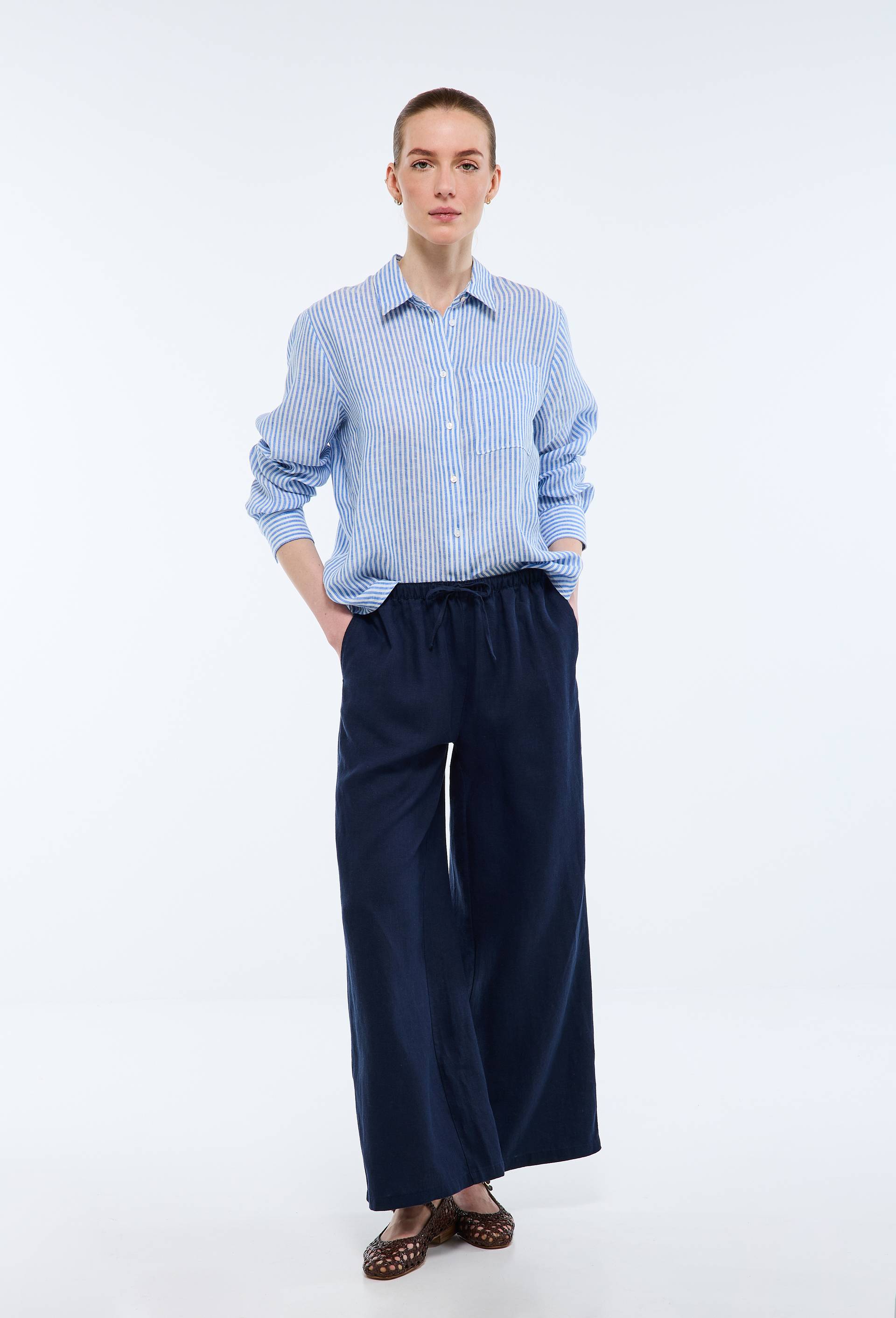 Pantalon en lin avec cordon &agrave; la taille, Bleu fonc&eacute;, large image number 0