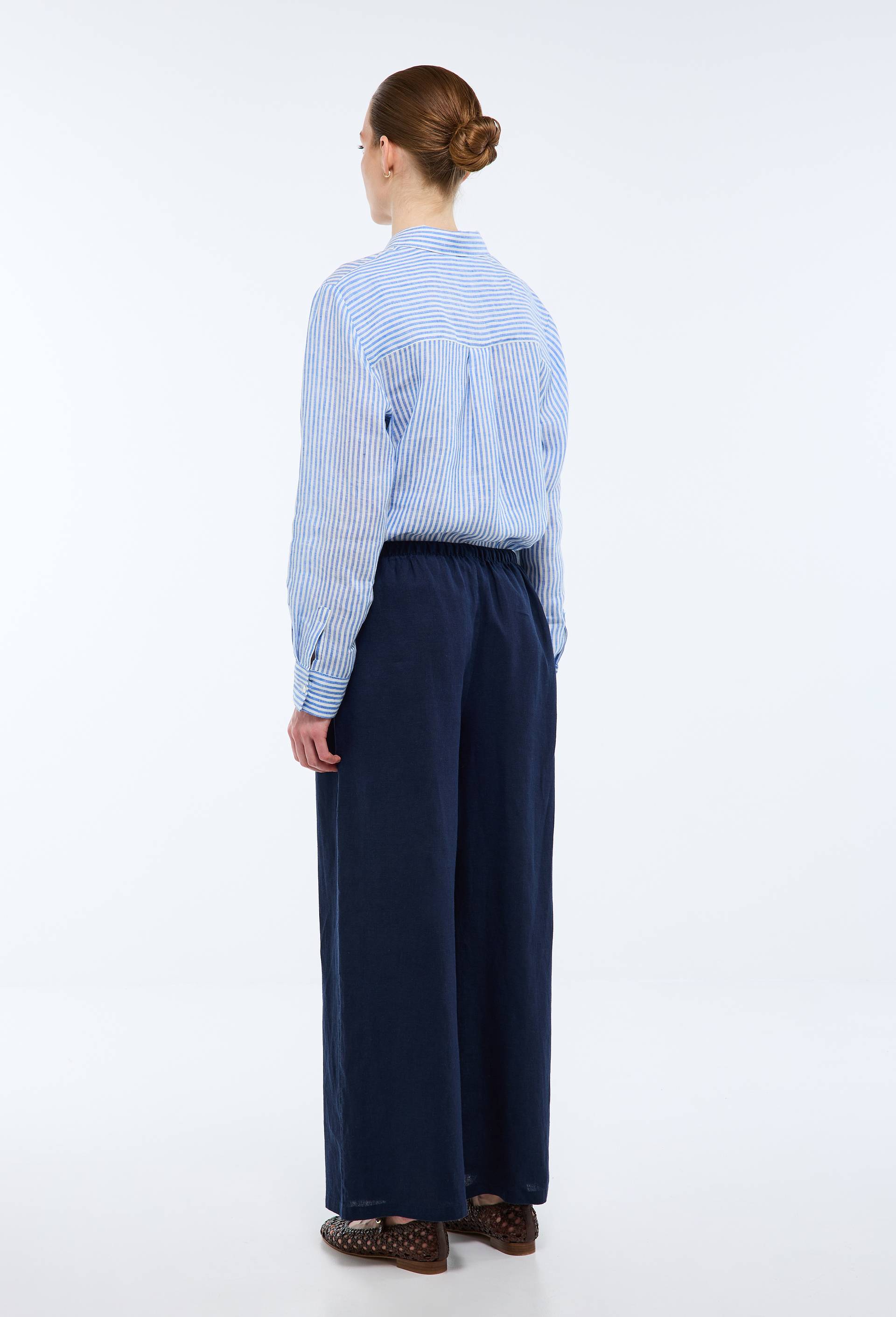 Pantalon en lin avec cordon &agrave; la taille, Bleu fonc&eacute;, large image number 1