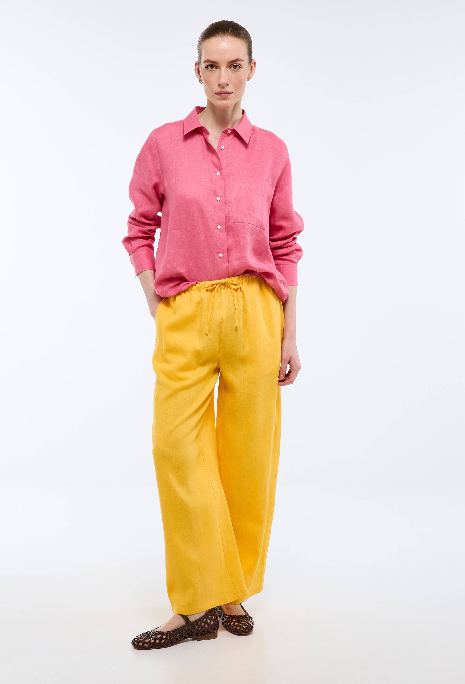 Pantalon en lin avec cordon &agrave; la taille, Jaune, swatch image