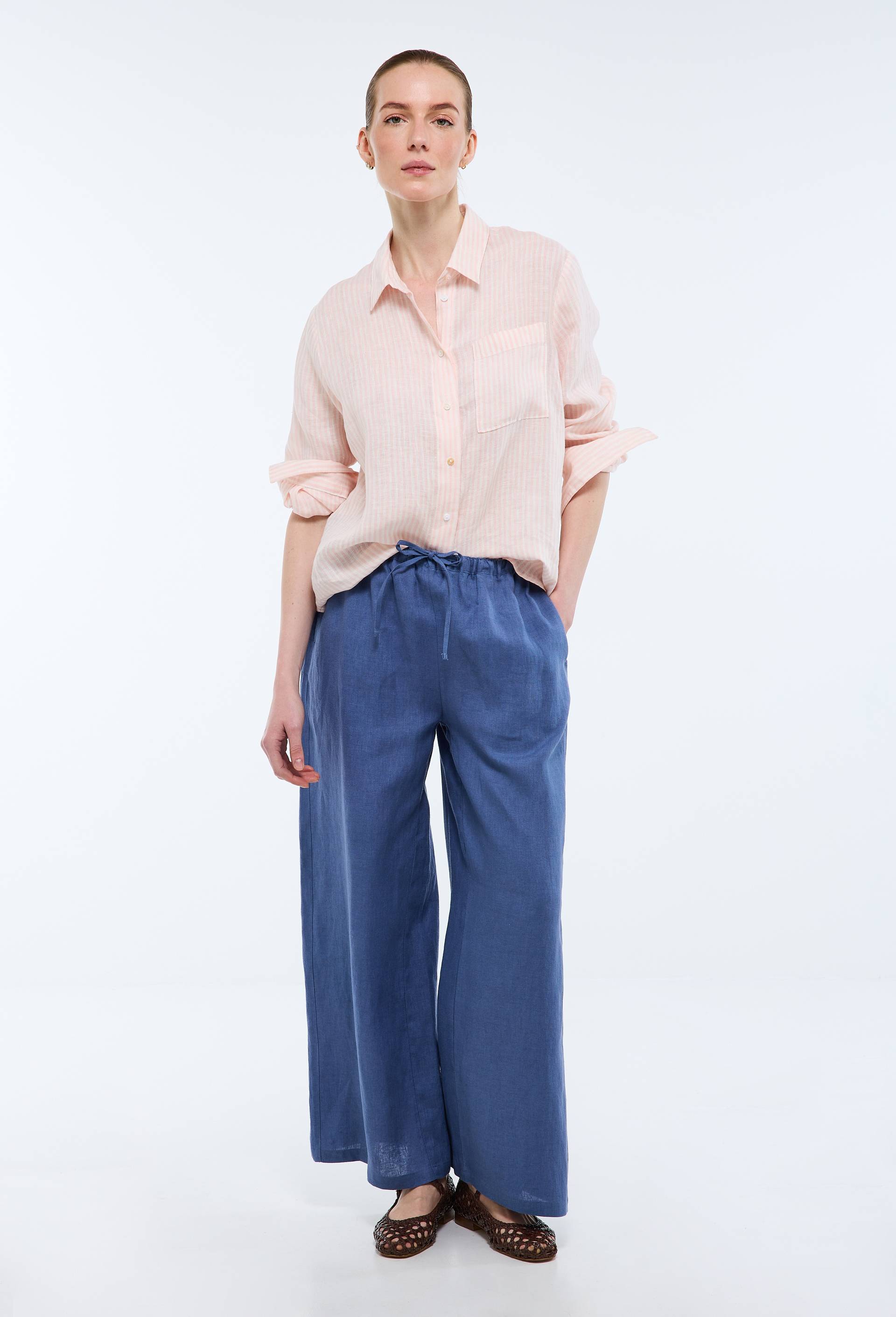 Pantalon en lin avec cordon &agrave; la taille, Bleu, swatch image