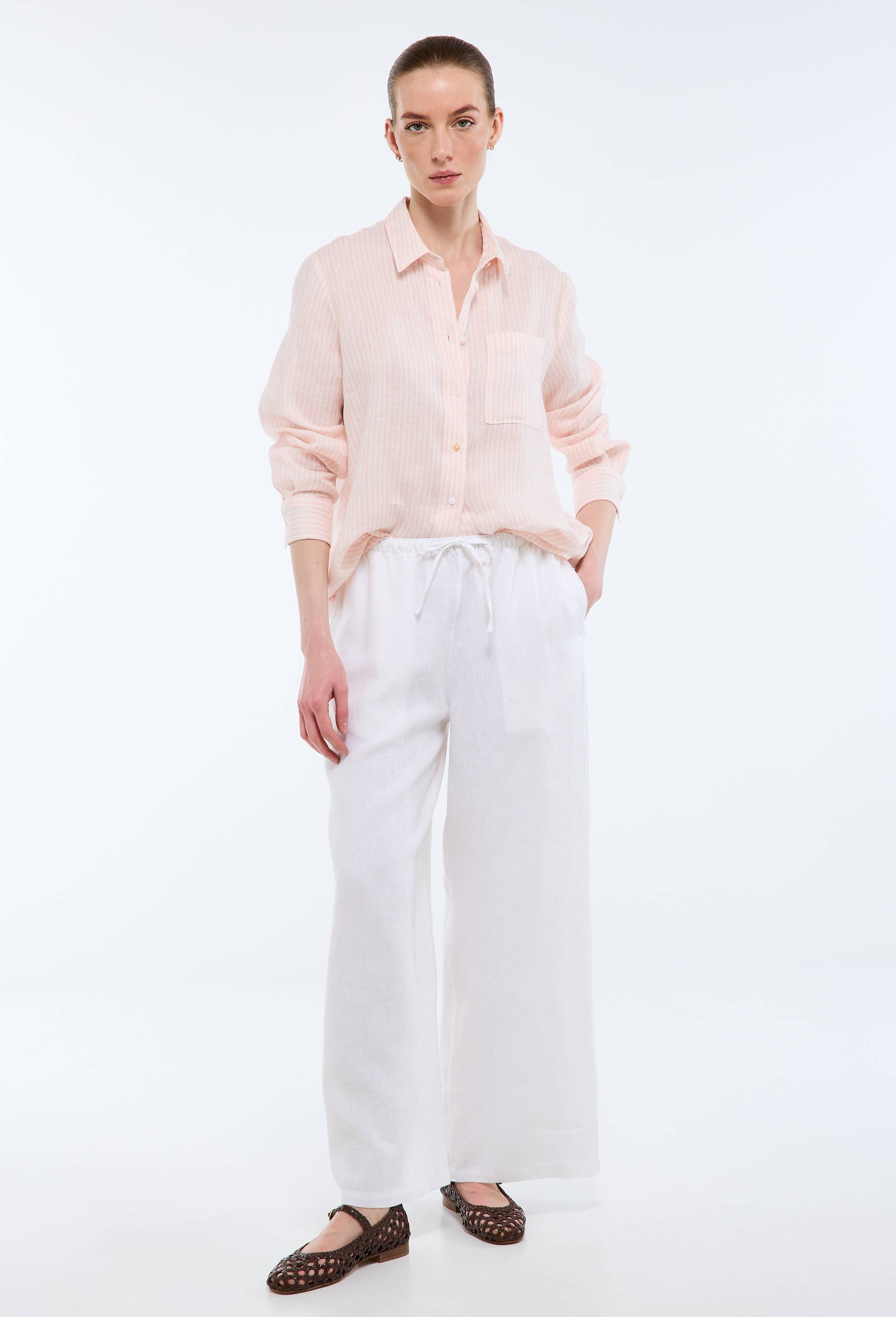 Pantalon en lin avec cordon &agrave; la taille, Blanc, large image number 0.0