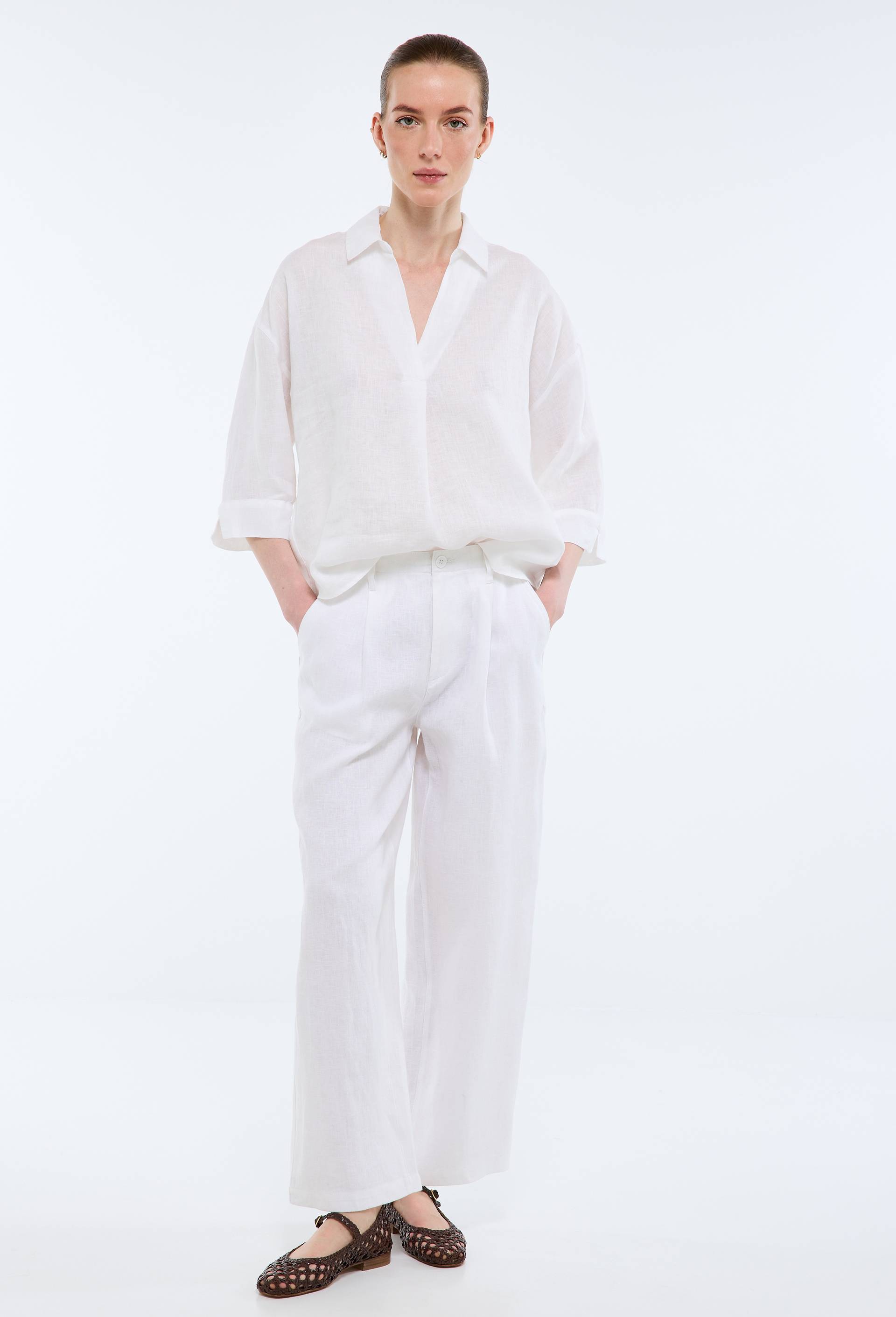 Pantalon semi-&eacute;lastiqu&eacute; &agrave; pinces en lin, Blanc, swatch image