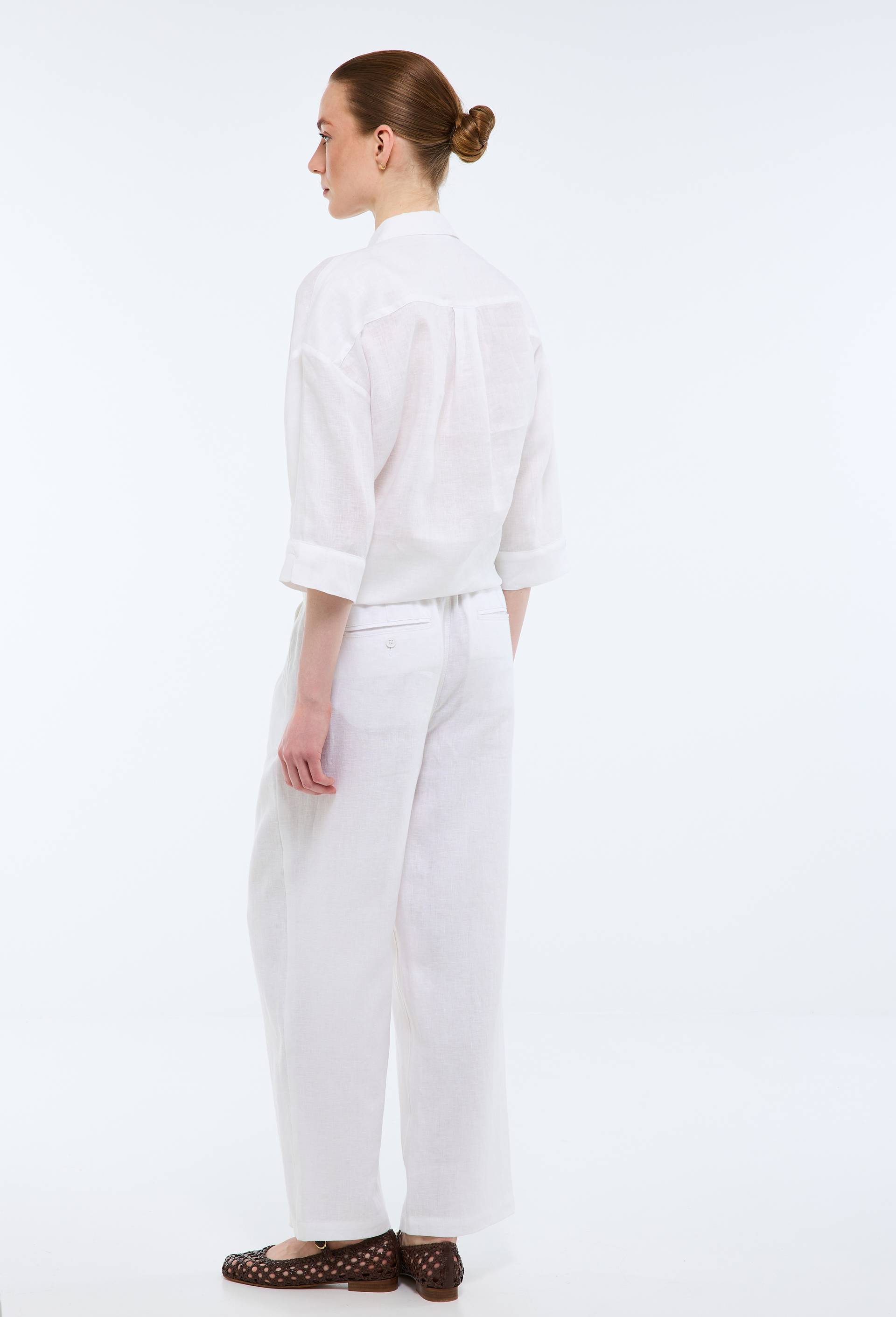 Pantalon semi-&eacute;lastiqu&eacute; &agrave; pinces en lin, Blanc, large image number 1