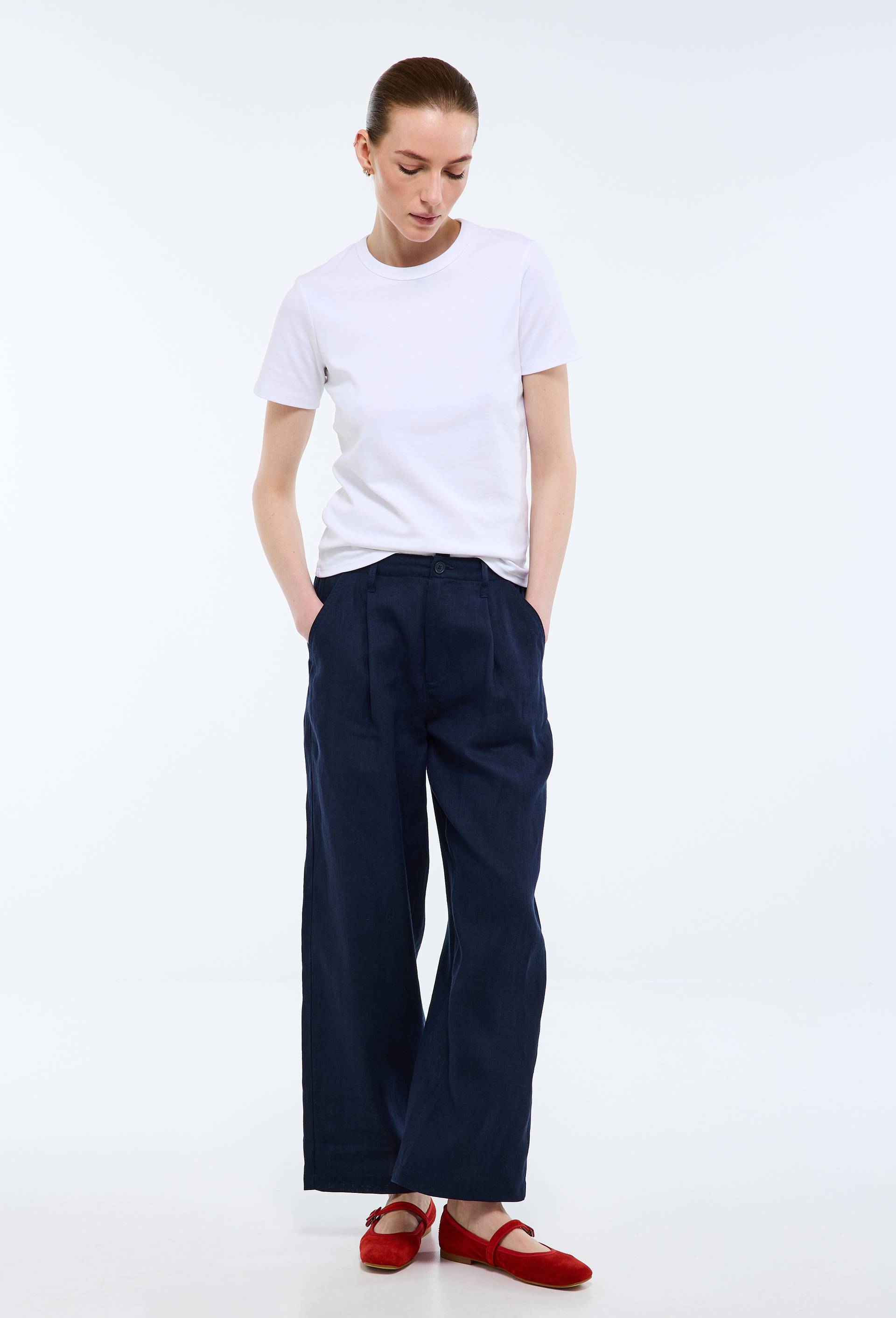 Pantalon semi-&eacute;lastiqu&eacute; &agrave; pinces en lin, Bleu fonc&eacute;, large image number 0