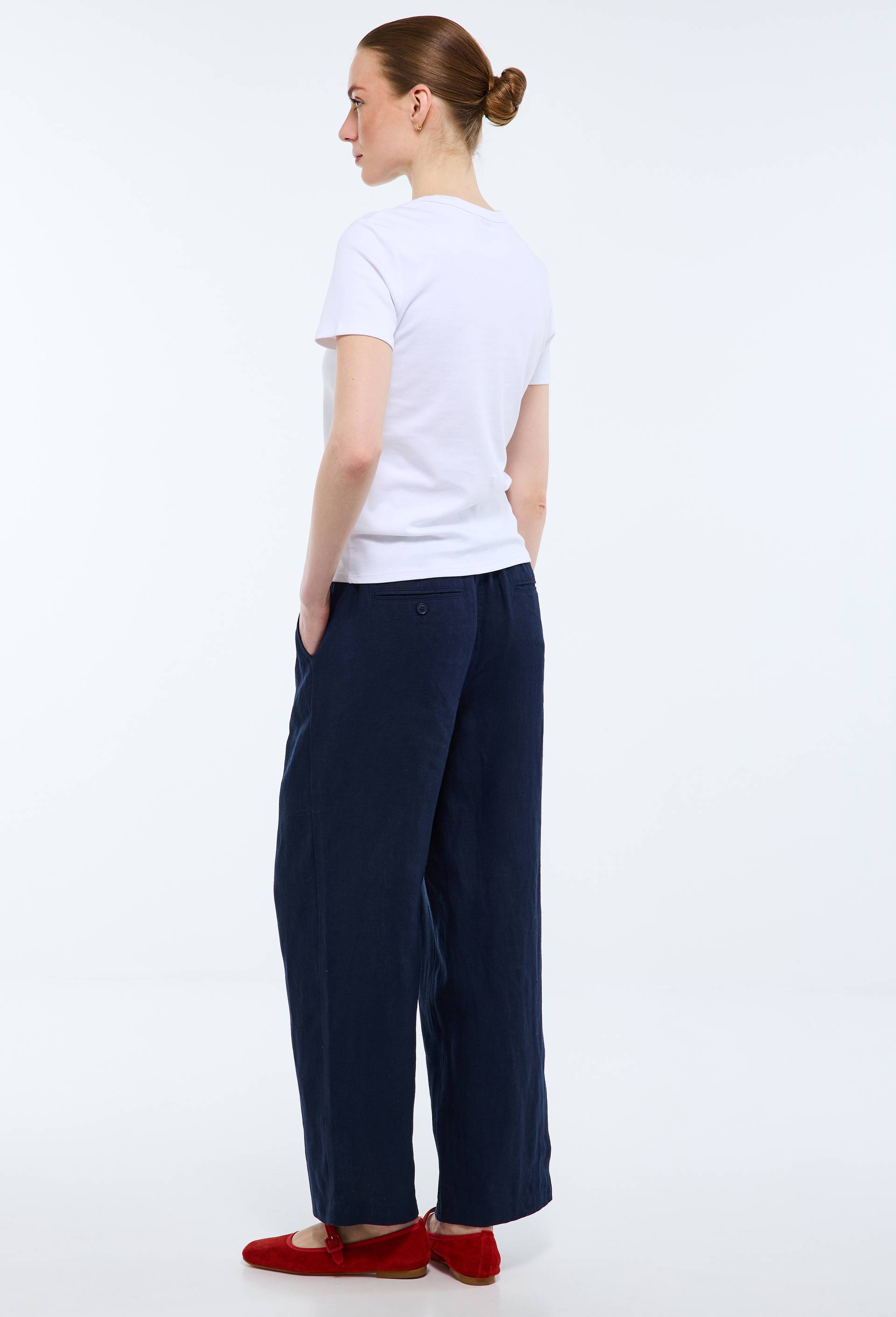 Pantalon semi-&eacute;lastiqu&eacute; &agrave; pinces en lin, Bleu fonc&eacute;, large image number 1