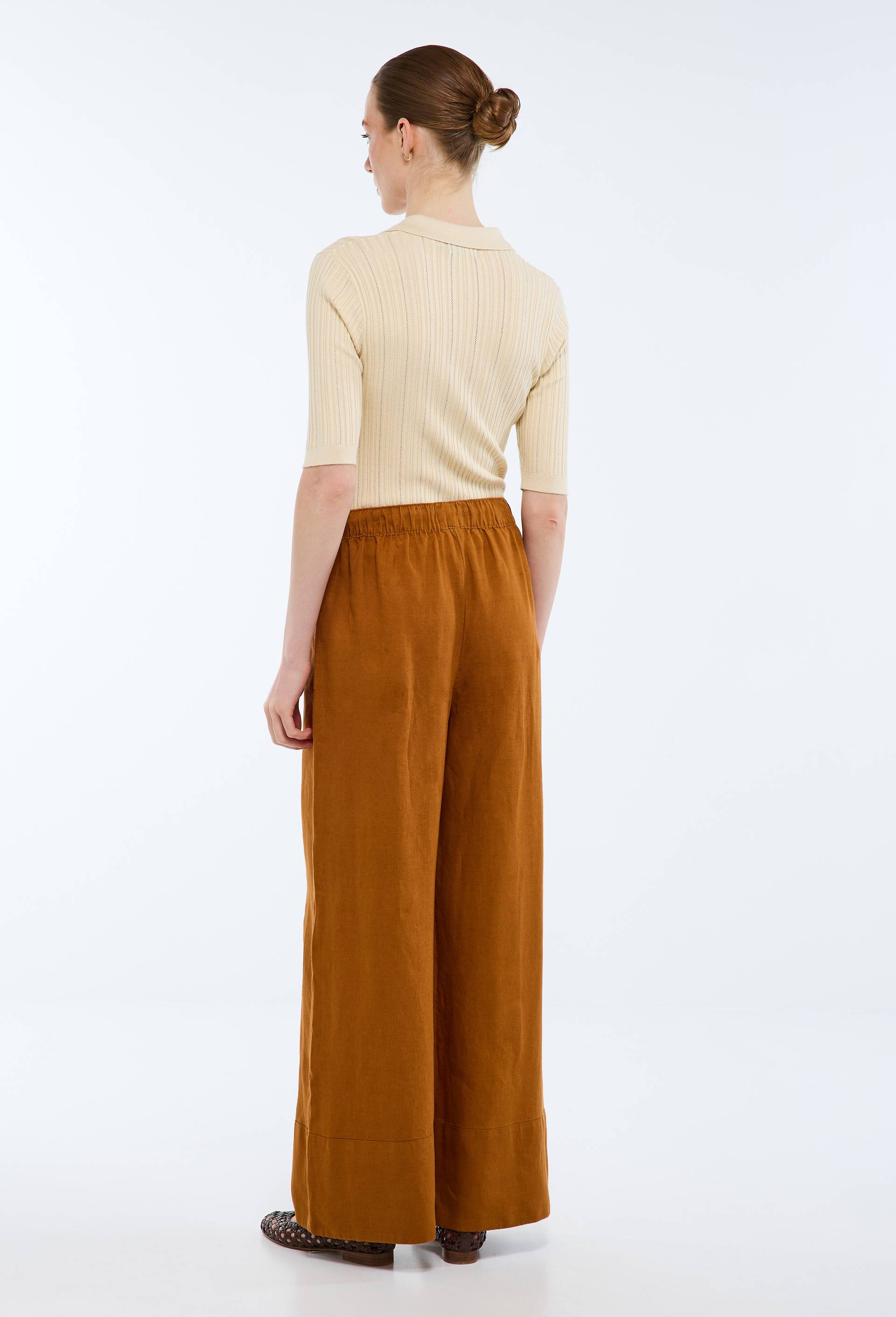 Pantalon large &agrave; taille &eacute;lastiqu&eacute;e en lin, Brun clair, large image number 1.0