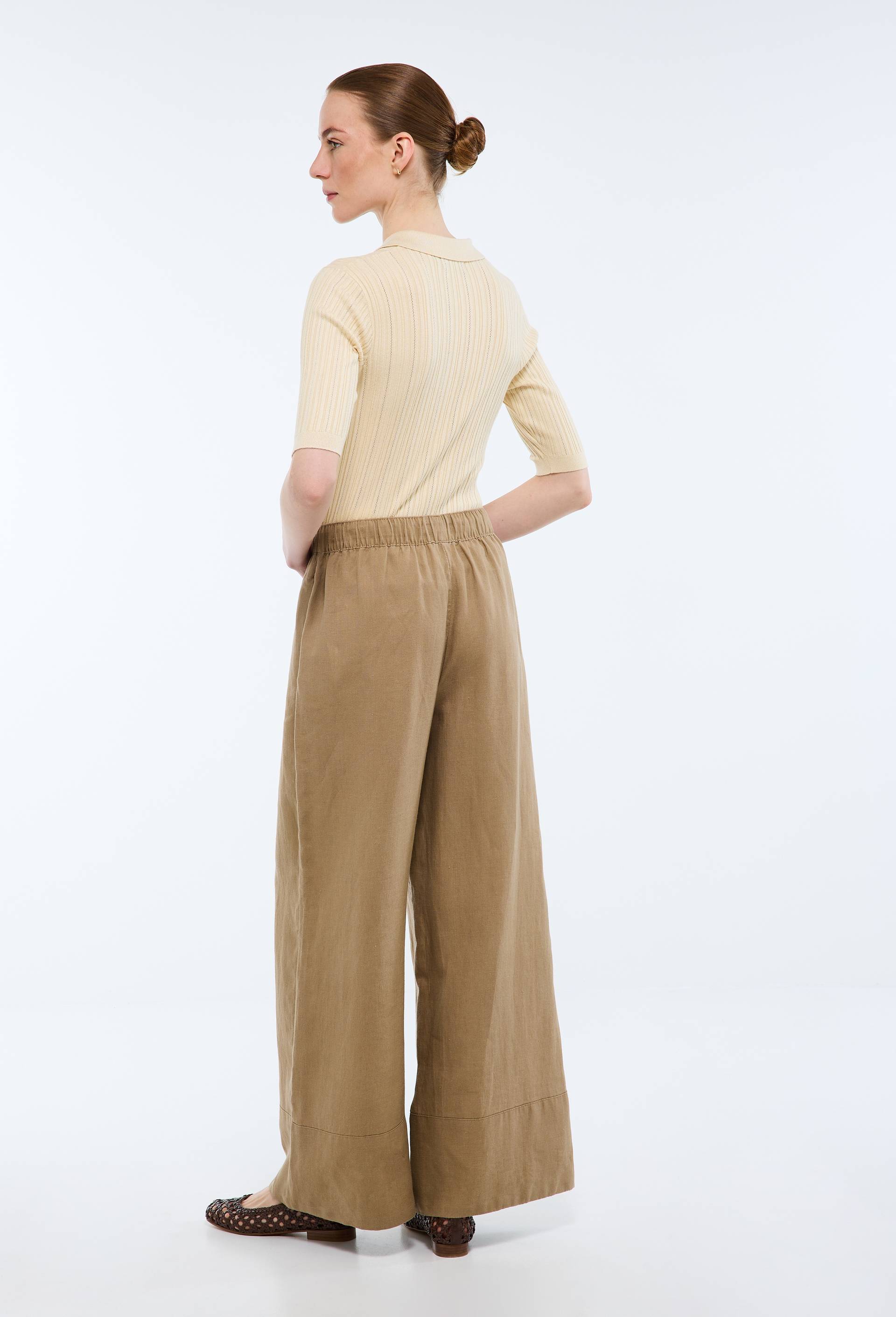 Pantalon large &agrave; taille &eacute;lastiqu&eacute;e en lin, Beige, large image number 1