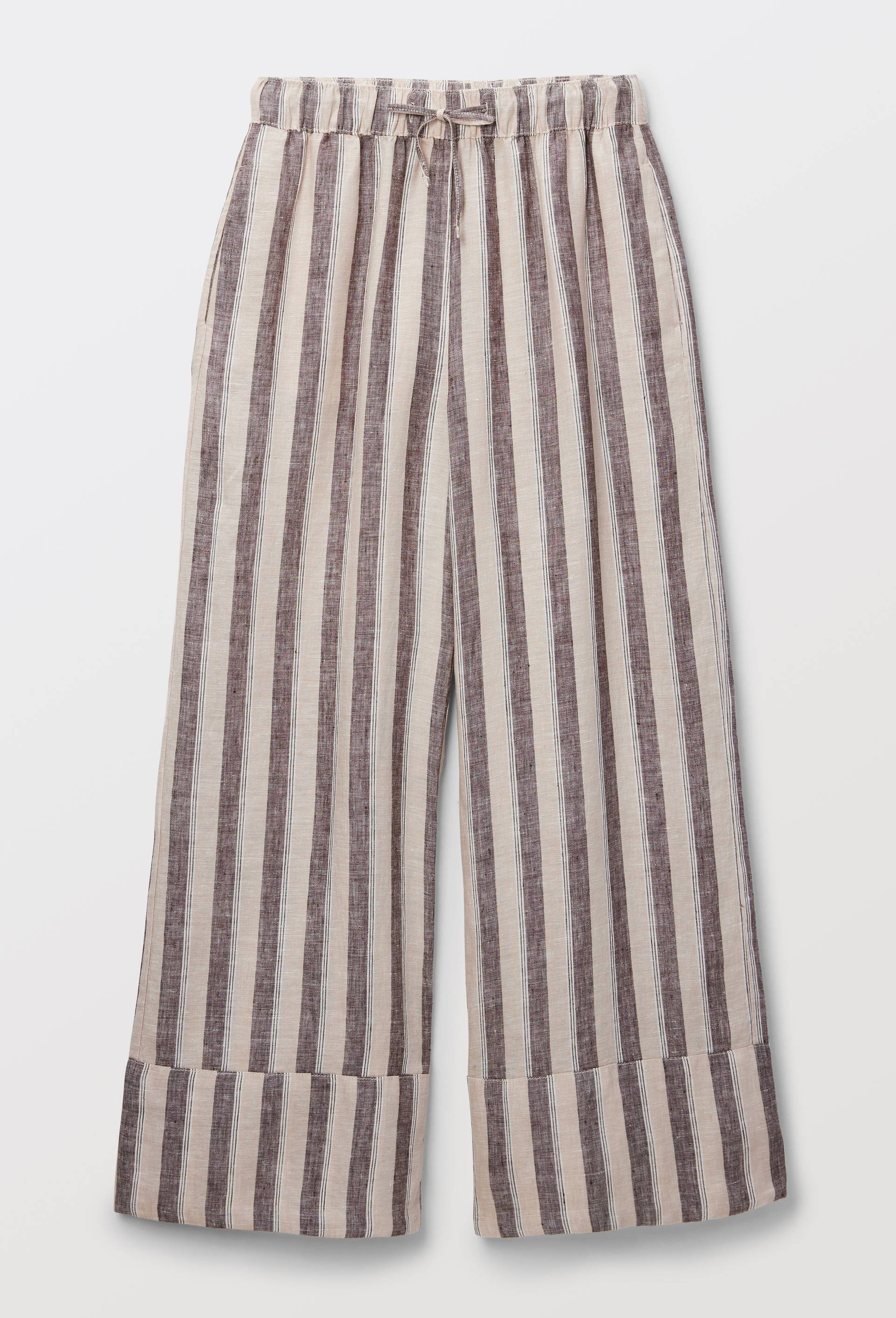 Pantalon large &agrave; taille &eacute;lastiqu&eacute;e en lin ray&eacute;, Brun fonc&eacute;, large image number 2.0