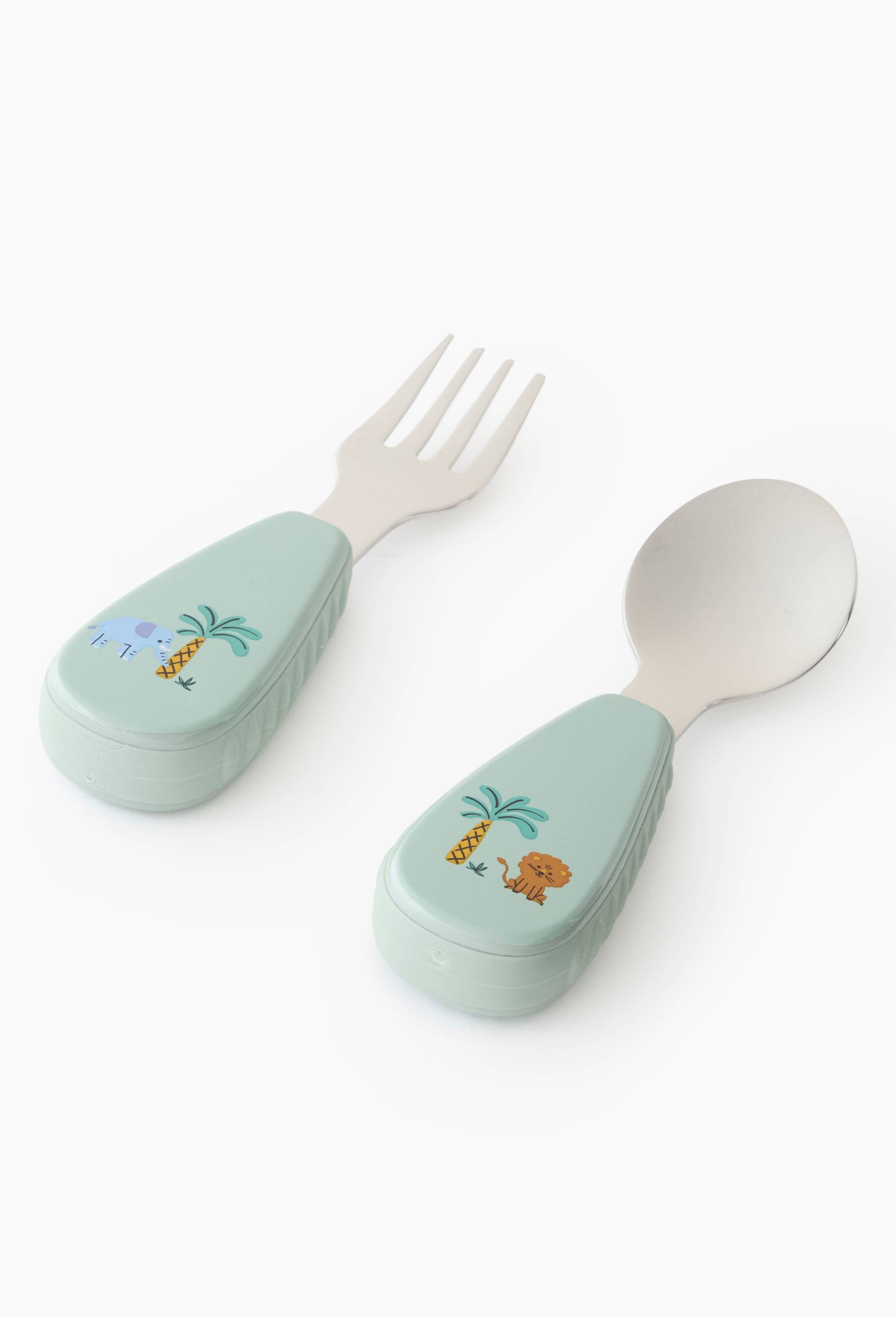 Set de 2 couverts pour b&eacute;b&eacute;, 13,5*2,5*2 cm, en inox et plastique, Multicolore, large image number 1.0