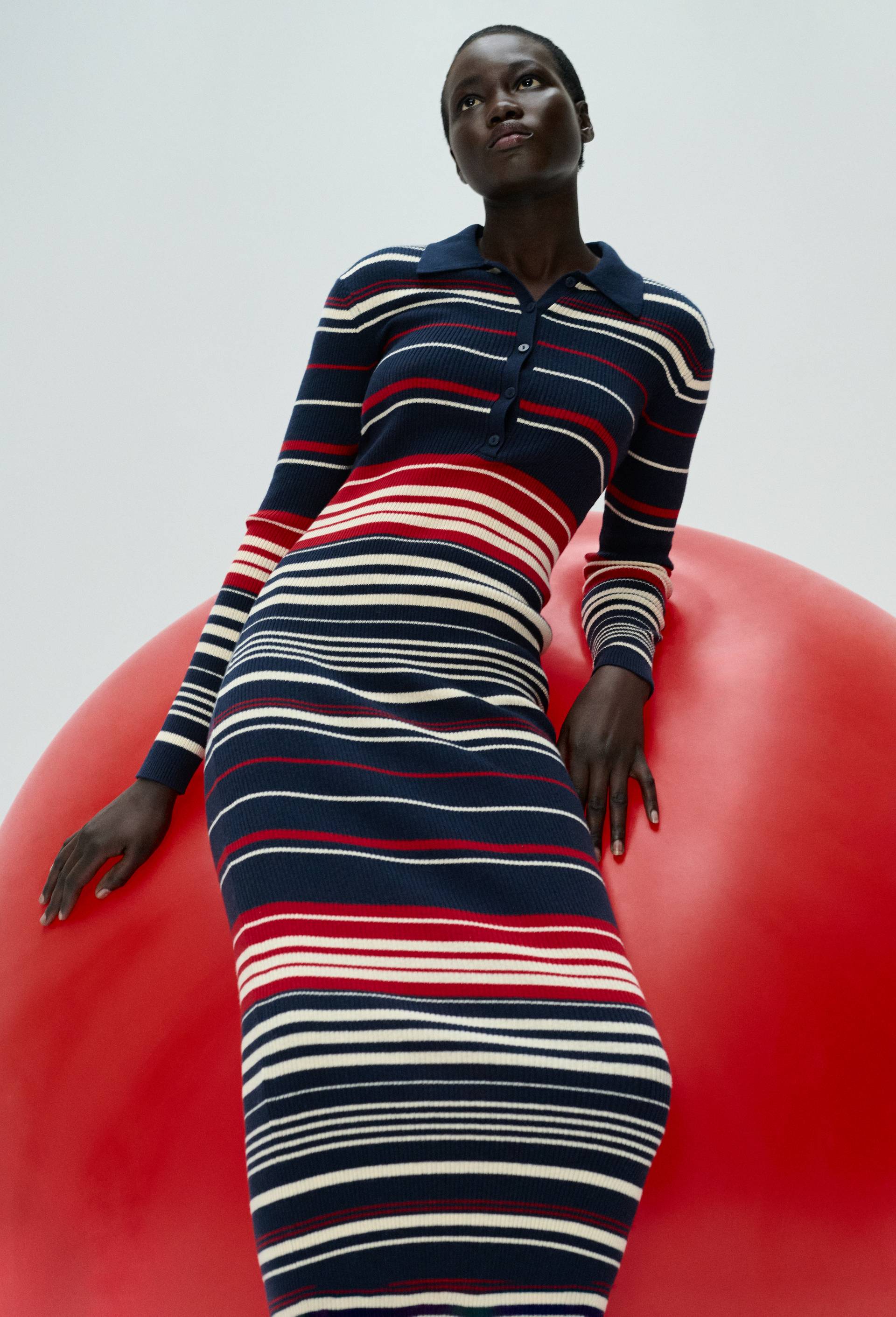 Robe polo ray&eacute;e contenant du coton et cachemire, Bleu fonc&eacute;, large image number 0