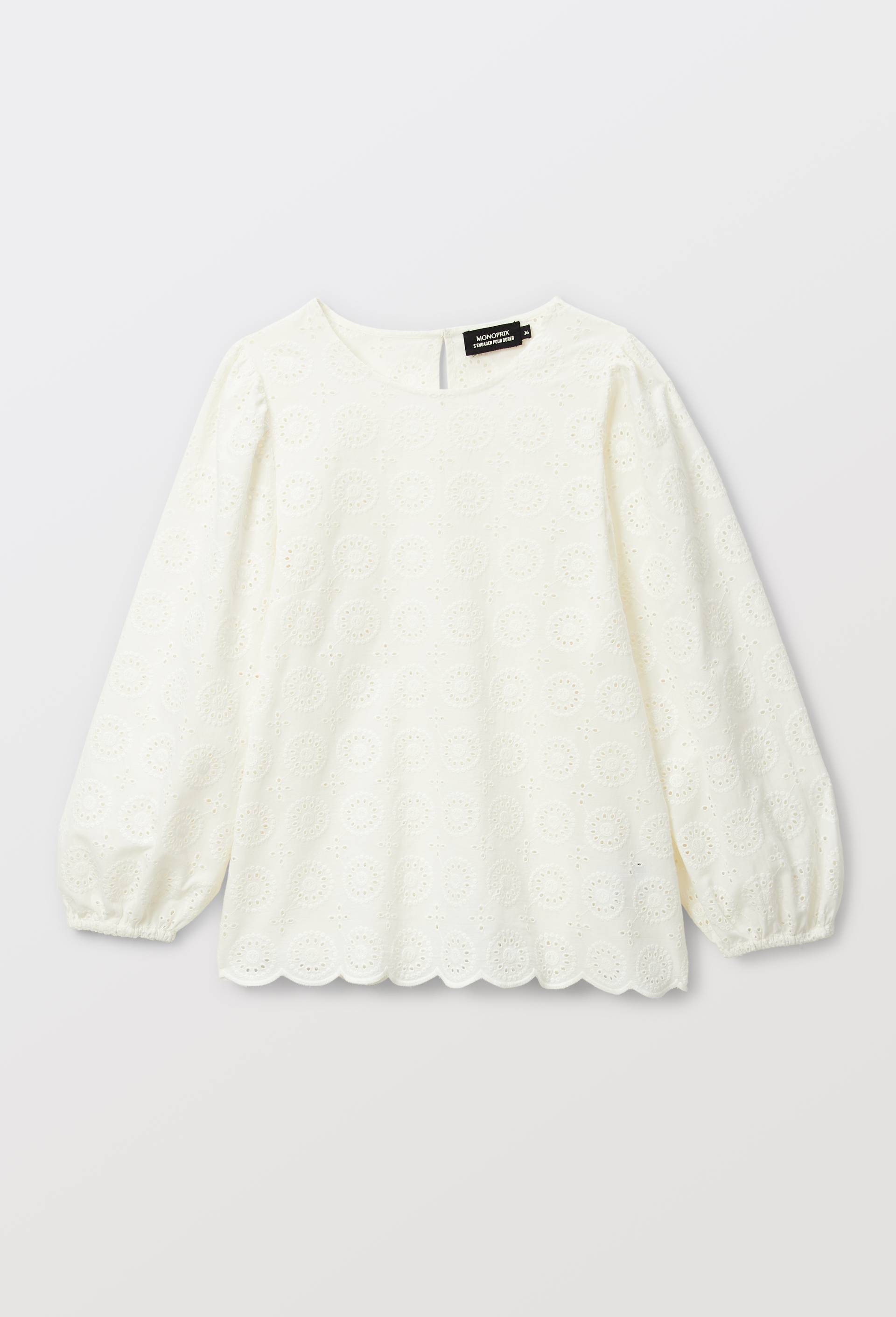 Top brod&eacute; manches bouffantes en coton BIO GOTS, Ecru, large image number 2.0