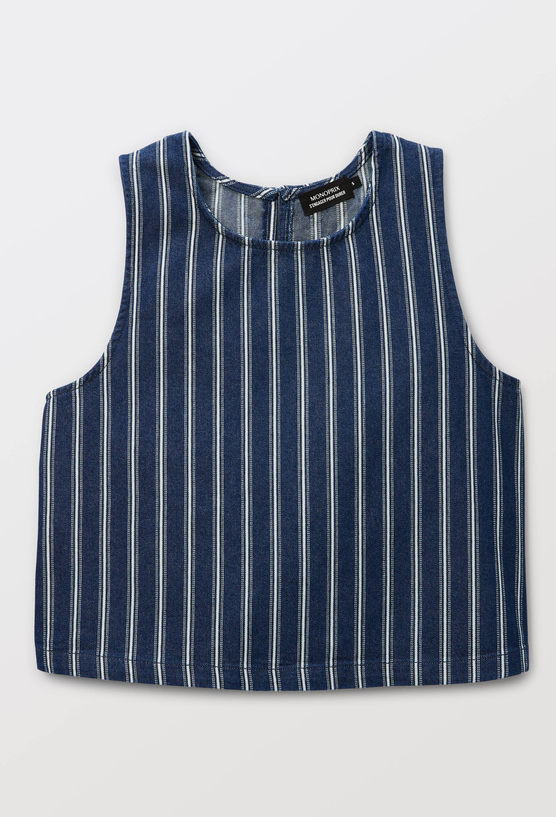 Top sans manches ray&eacute; en denim, Bleu fonc&eacute;, large image number 3
