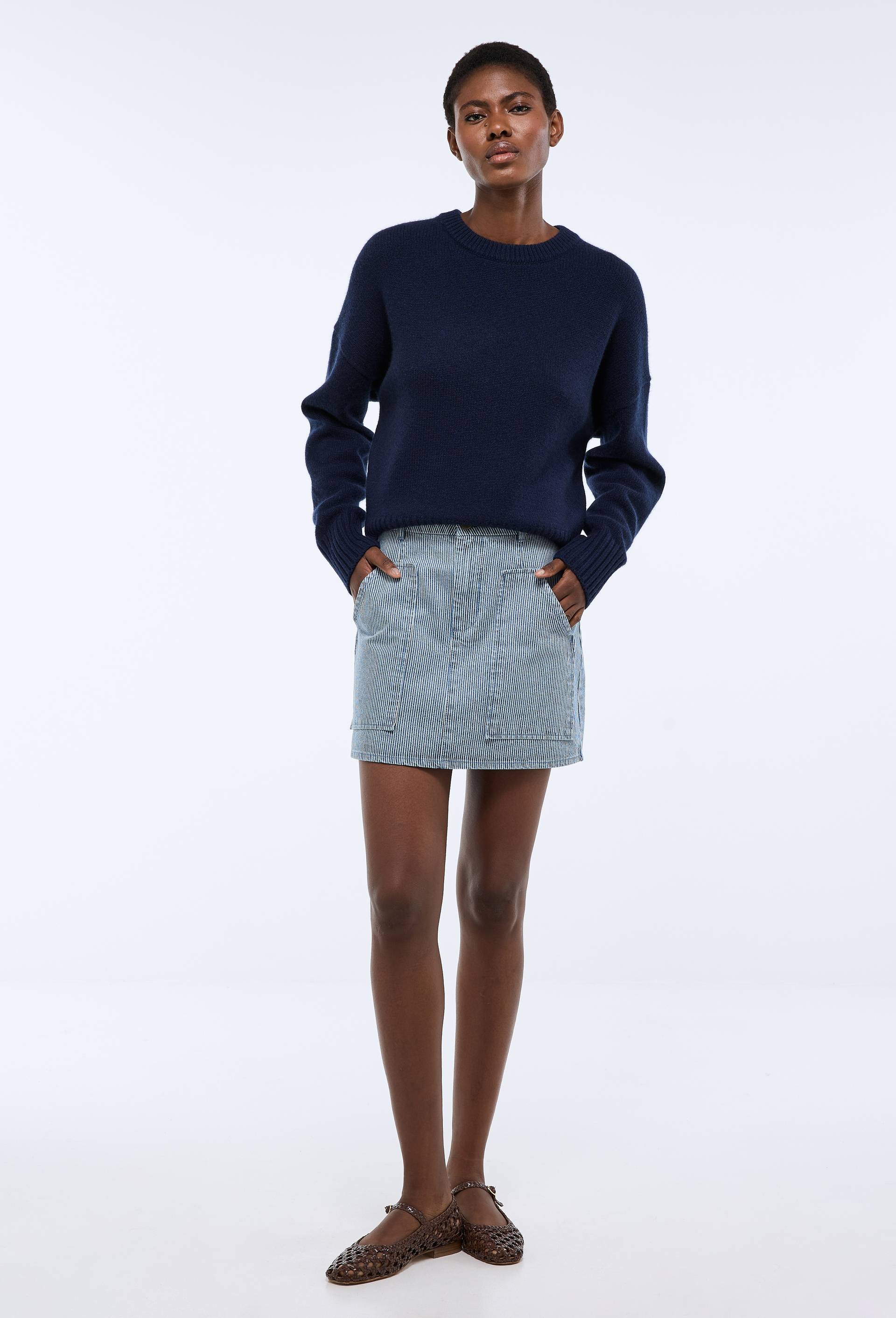 Jupe mini ray&eacute;e en coton, Bleu, large image number 0