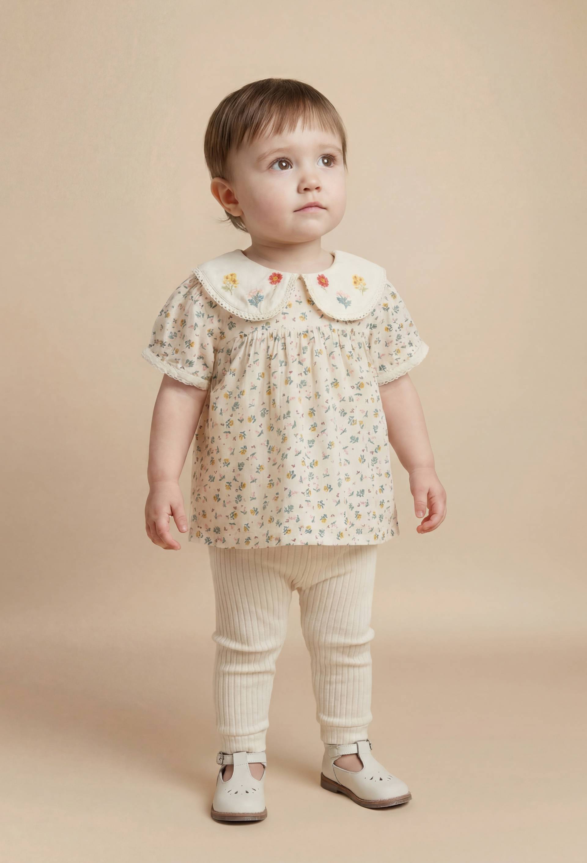 Blouse &agrave; col imprim&eacute;e en coton BIO GOTS - collection C&eacute;r&eacute;monie, Beige clair, large image number 0.0