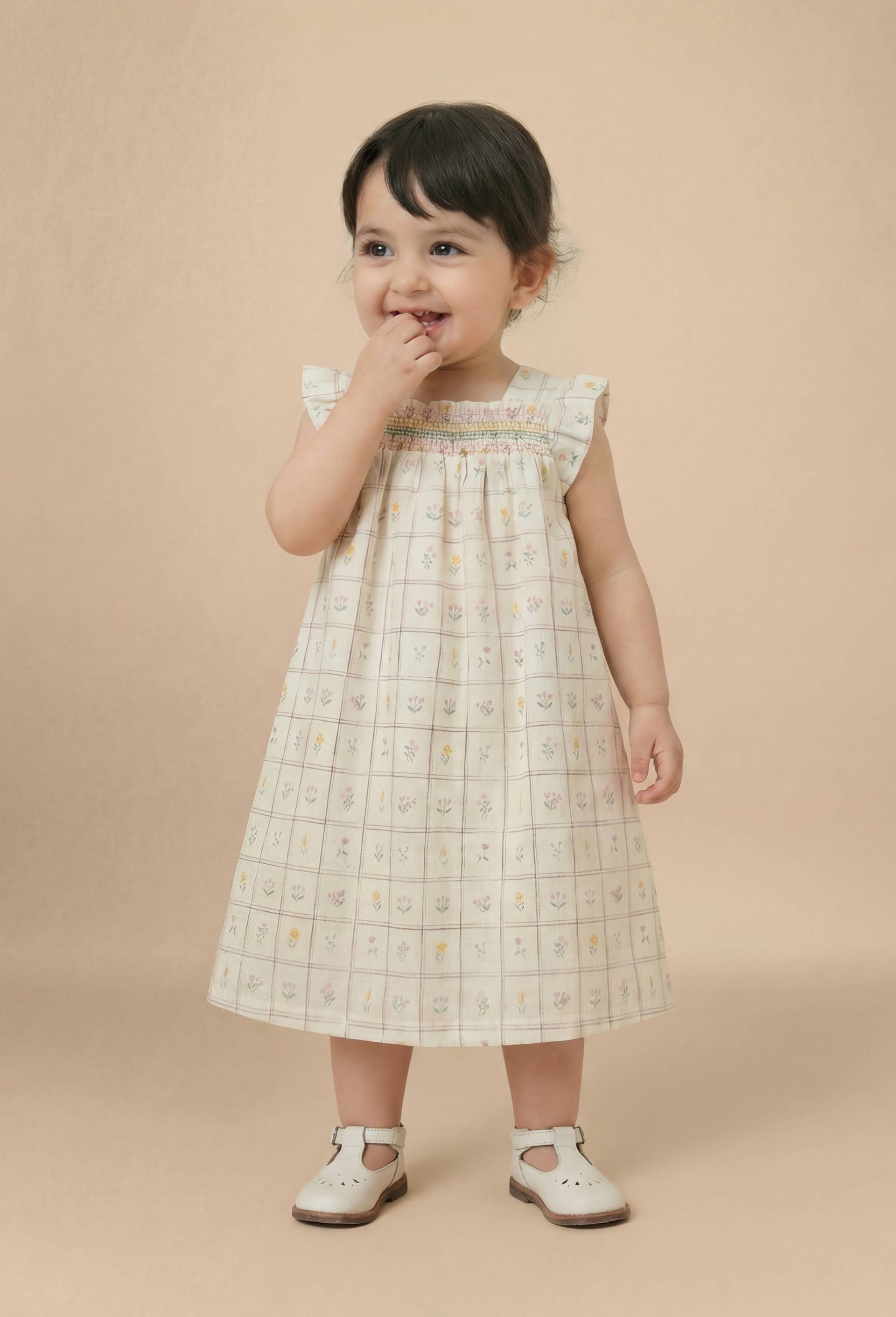 Robe avec bloomer  imprim&eacute;s contenant du lin - collection C&eacute;r&eacute;monie, Beige clair, large image number 0