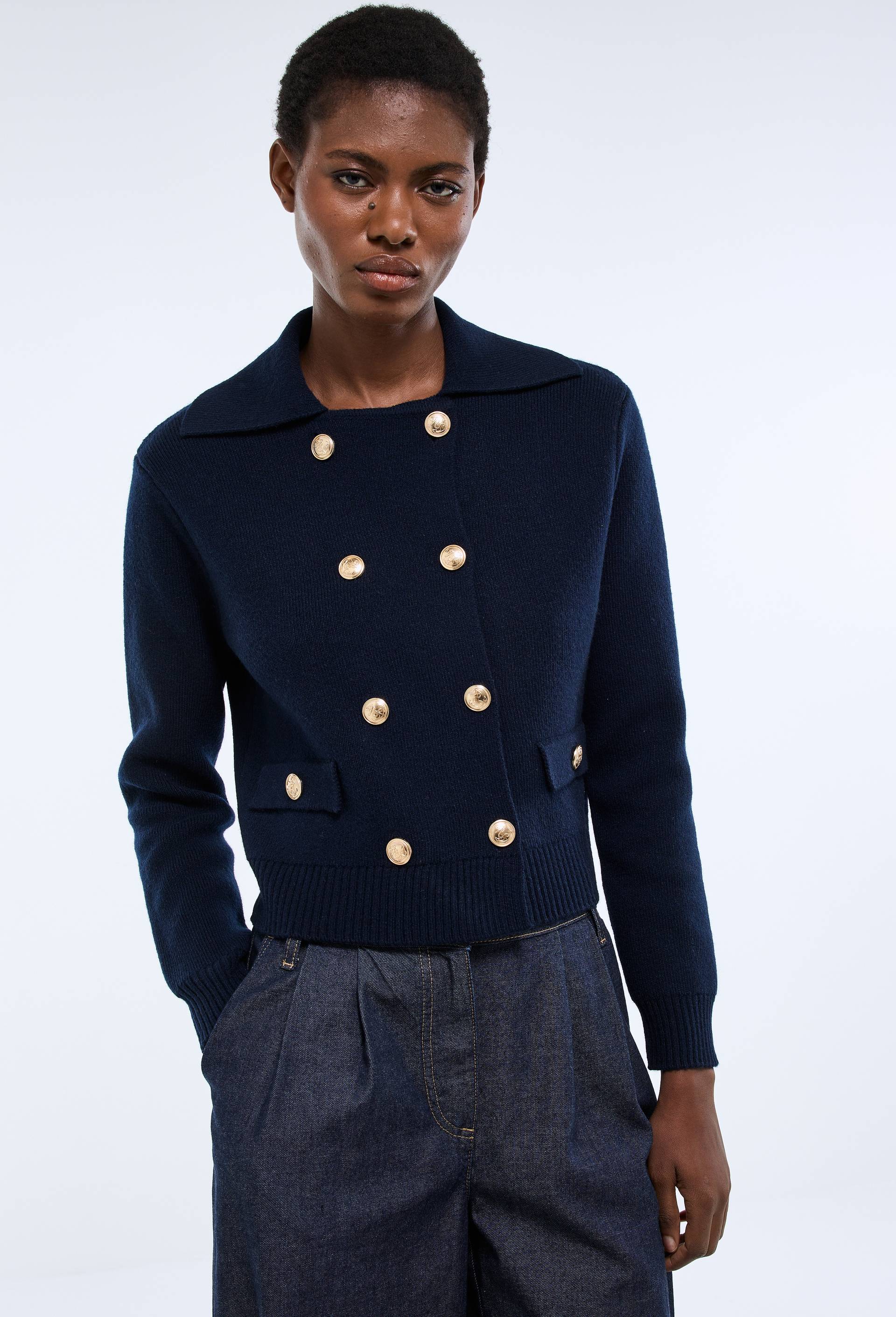 Veste en maille unie contenant de la laine, Bleu fonc&eacute;, swatch image