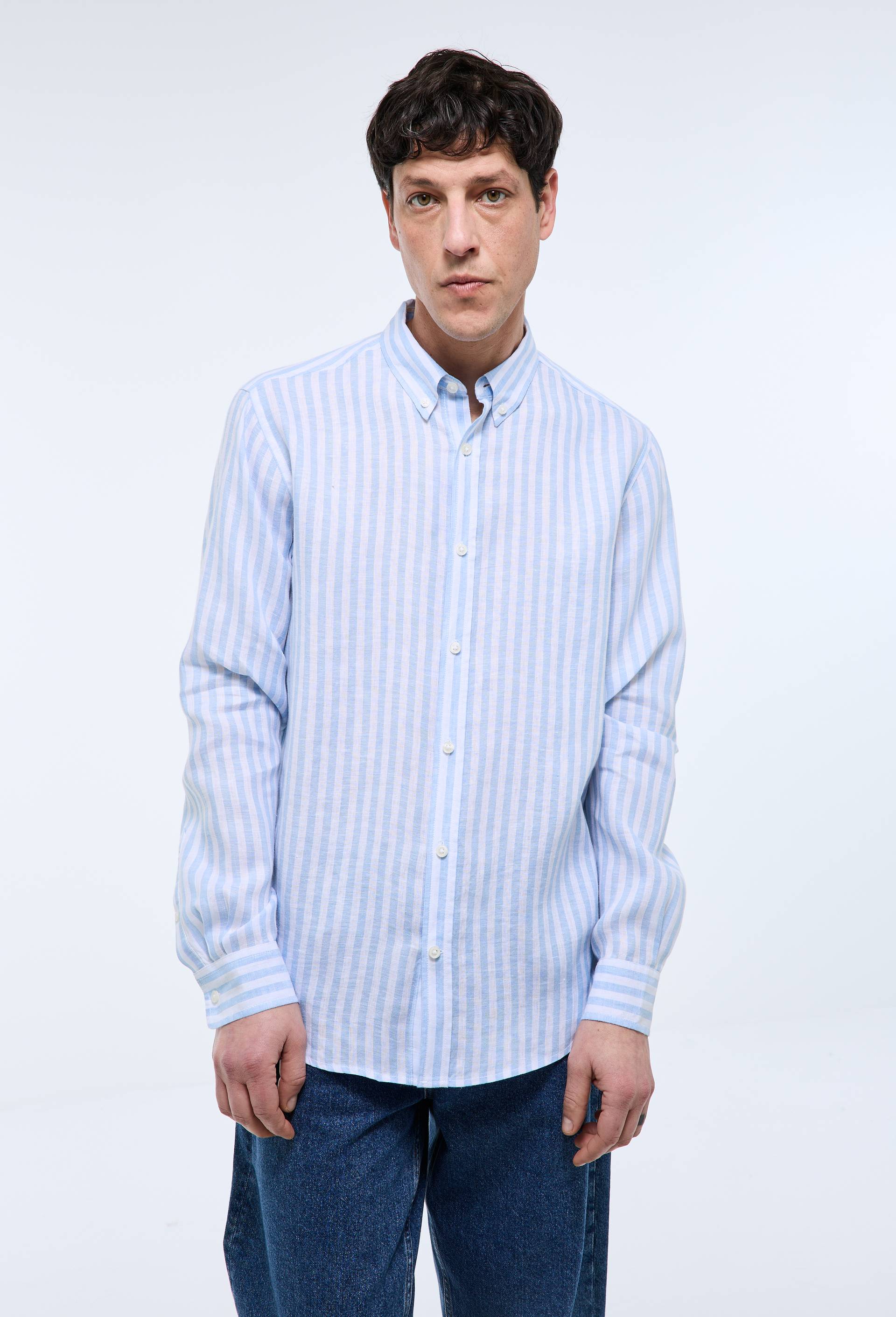 Chemise ray&eacute;e en lin, Bleu, swatch image