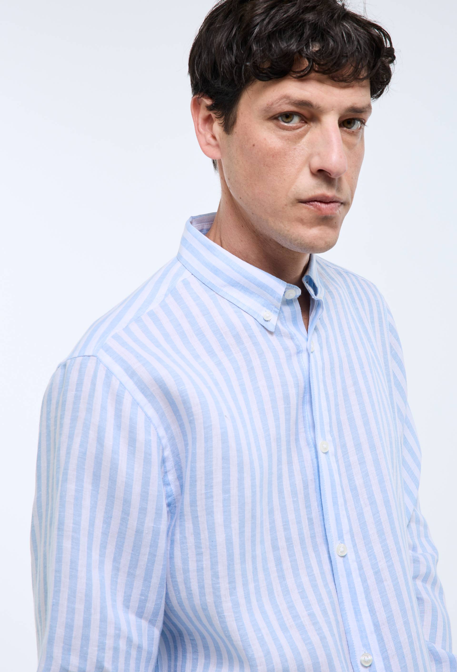 Chemise ray&eacute;e en lin, Bleu, large image number 1.0