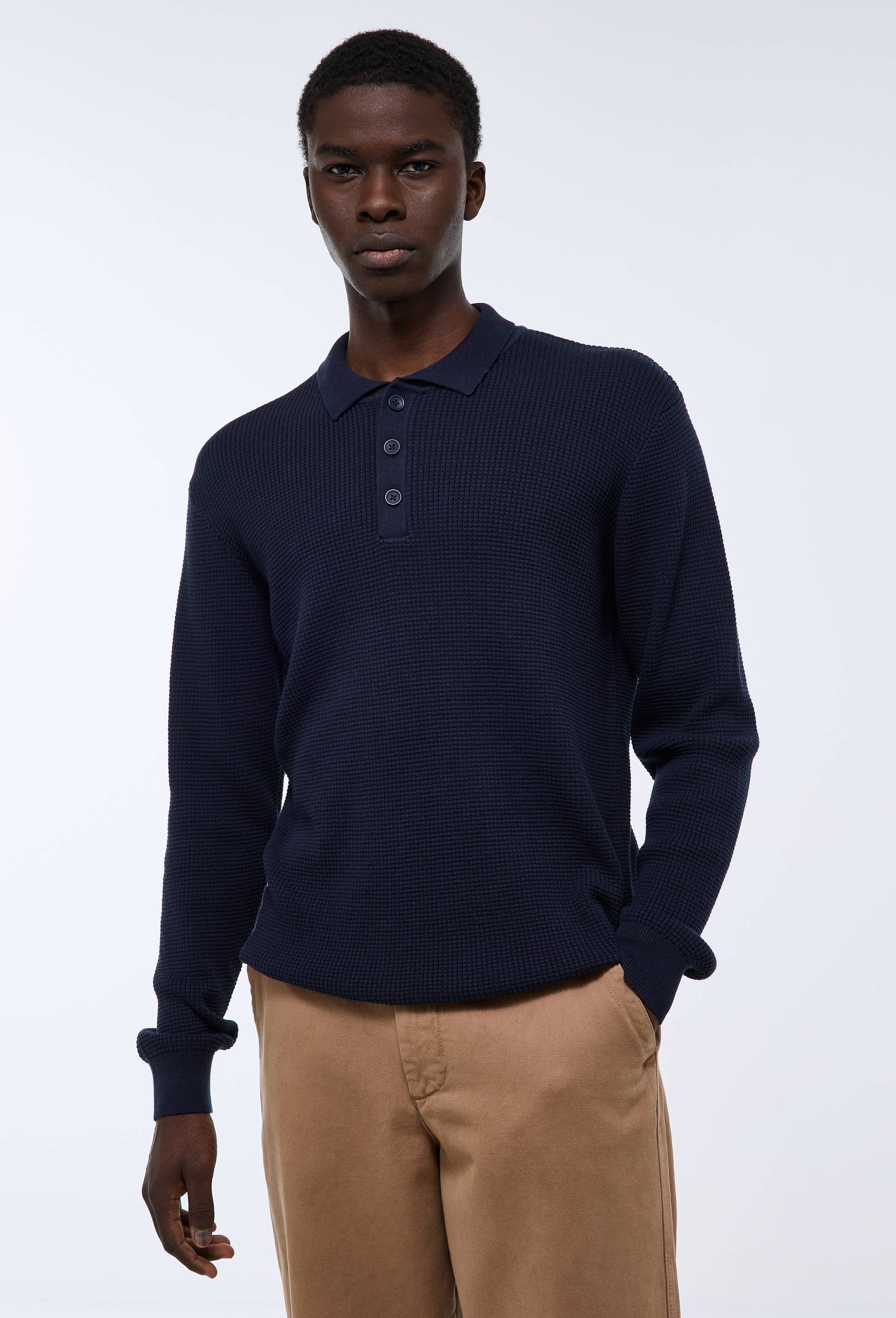Pull col polo boutonn&eacute; en coton BIO GOTS, Bleu fonc&eacute;, swatch image