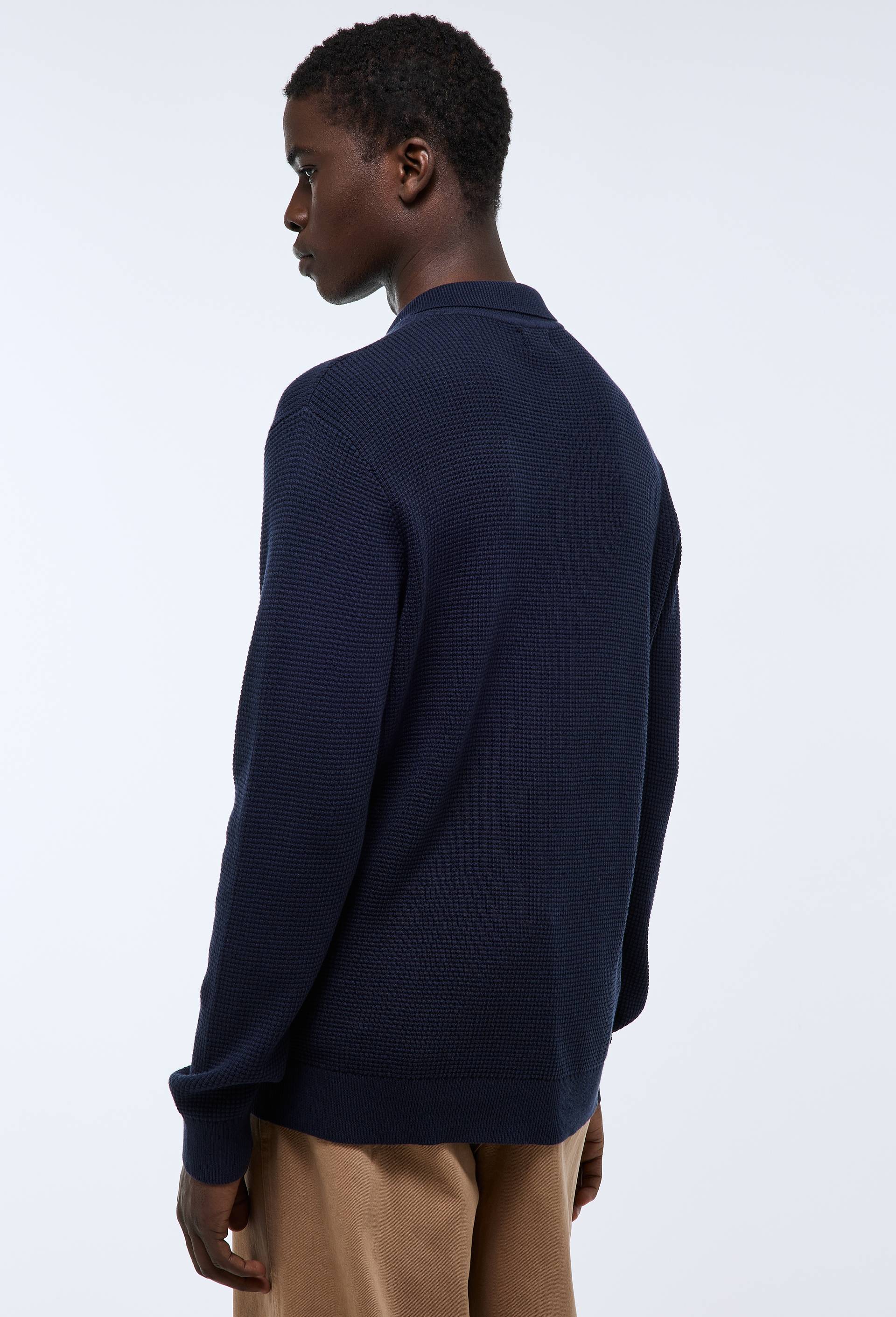 Pull col polo boutonn&eacute; en coton BIO GOTS, Bleu fonc&eacute;, large image number 1.0