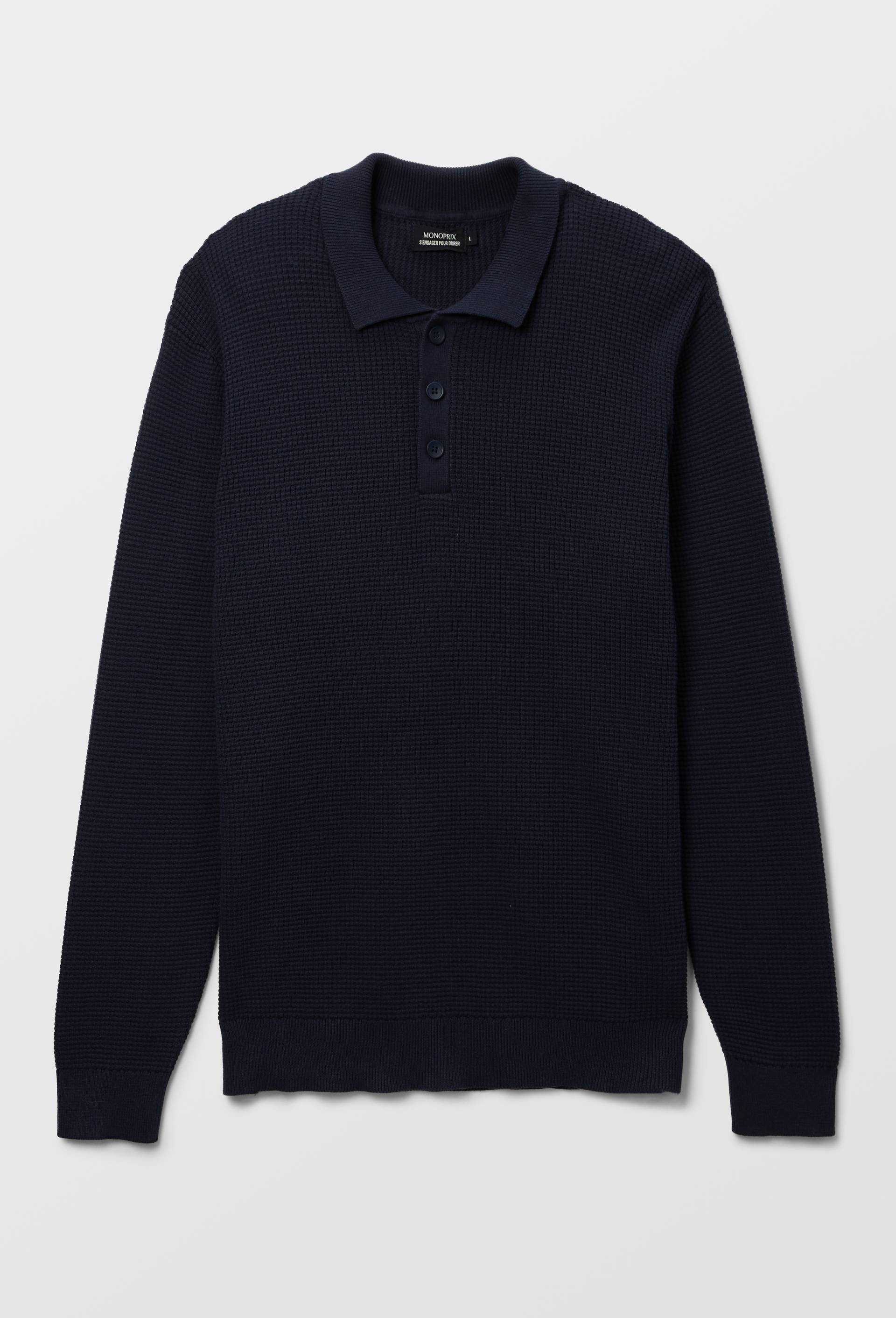 Pull col polo boutonn&eacute; en coton BIO GOTS, Bleu fonc&eacute;, large image number 2.0