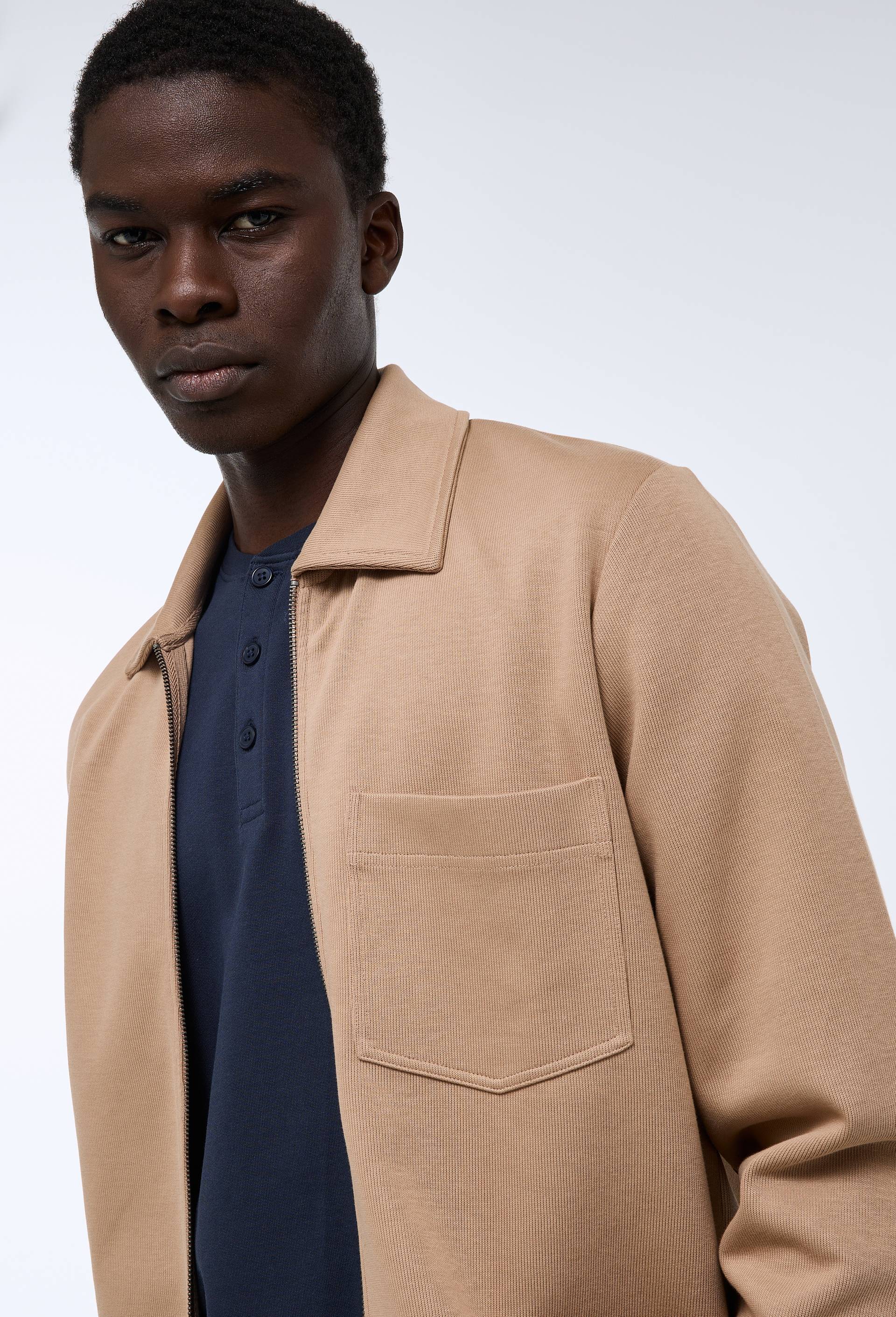 Gilet zipp&eacute; col chemise en m&eacute;lange coton, Brun clair, swatch image