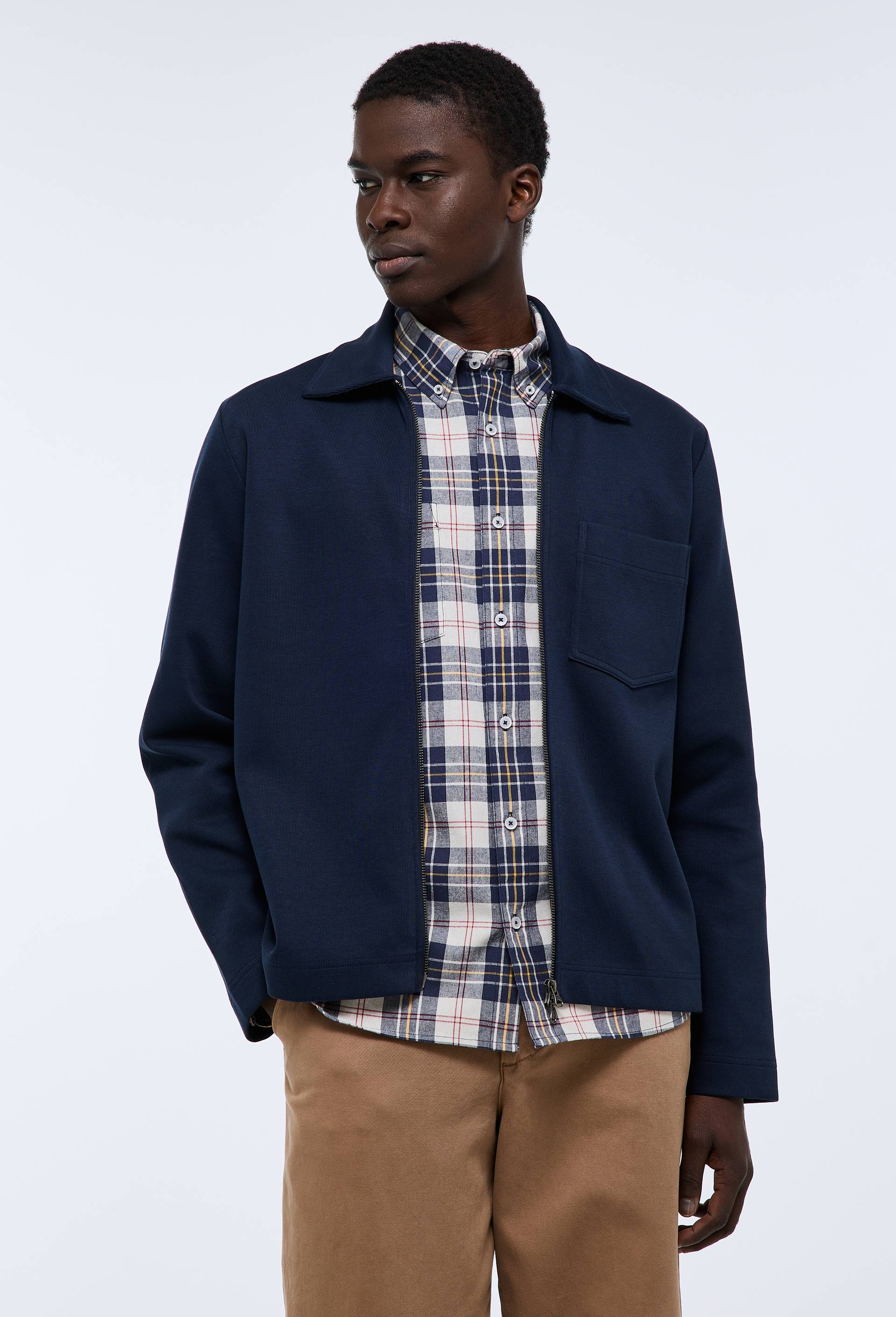 Gilet zipp&eacute; col chemise en m&eacute;lange coton, Bleu fonc&eacute;, large image number 1