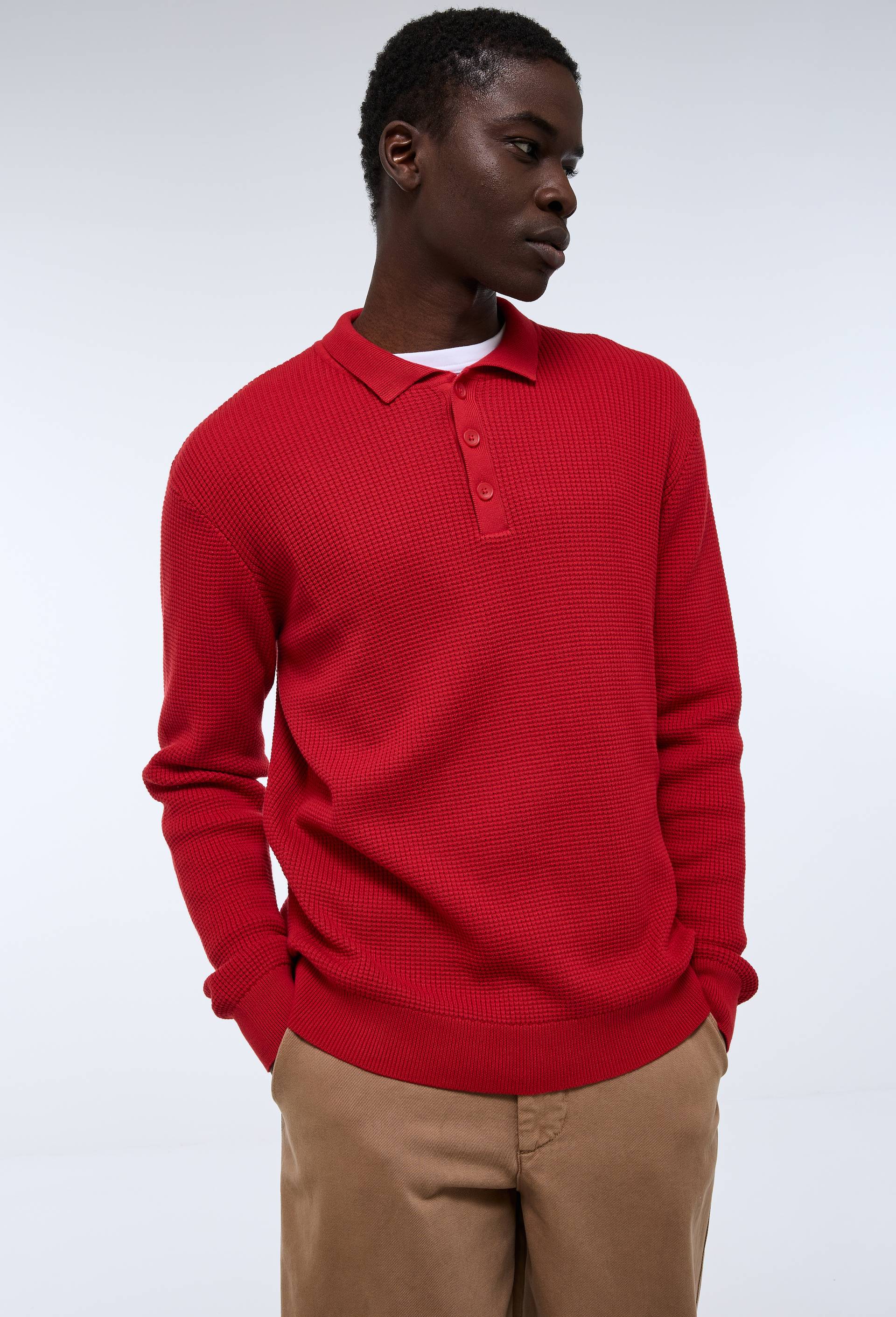 Pull col polo boutonn&eacute; en coton BIO GOTS, Rouge, large image number 0