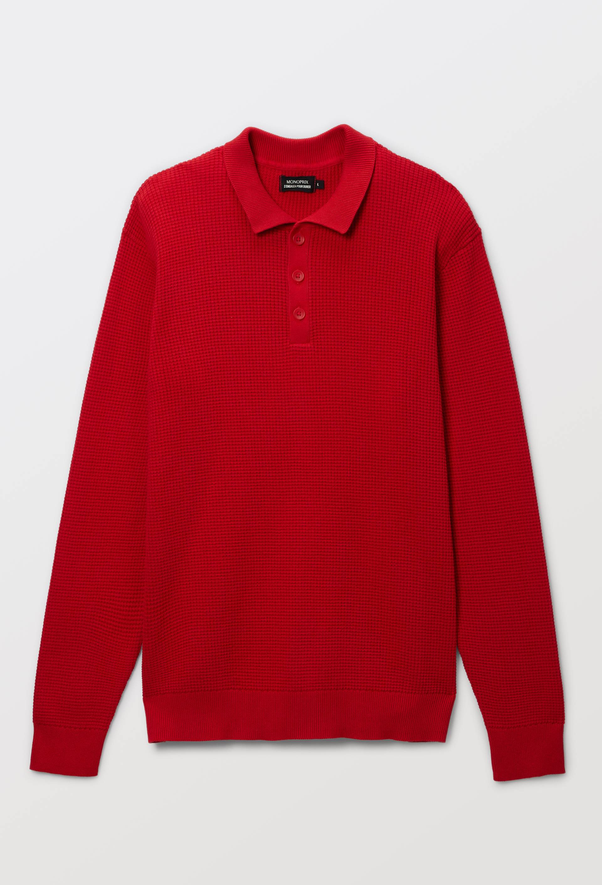 Pull col polo boutonn&eacute; en coton BIO GOTS, Rouge, large image number 2