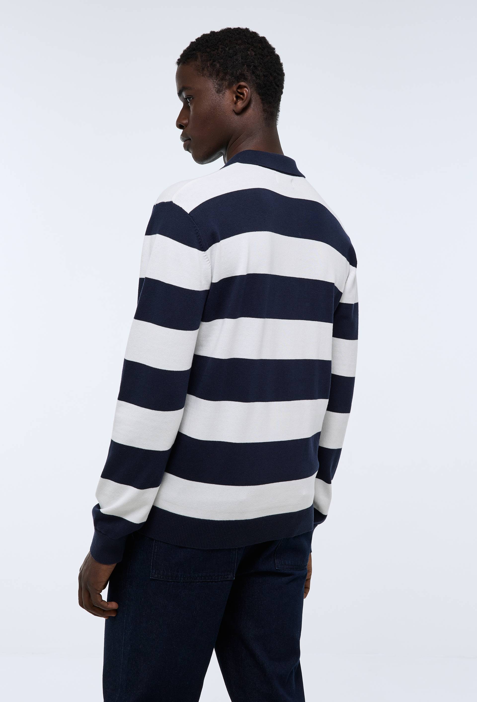 Pull col polo ray&eacute; en coton bio GOTS, Bleu fonc&eacute;, large image number 1