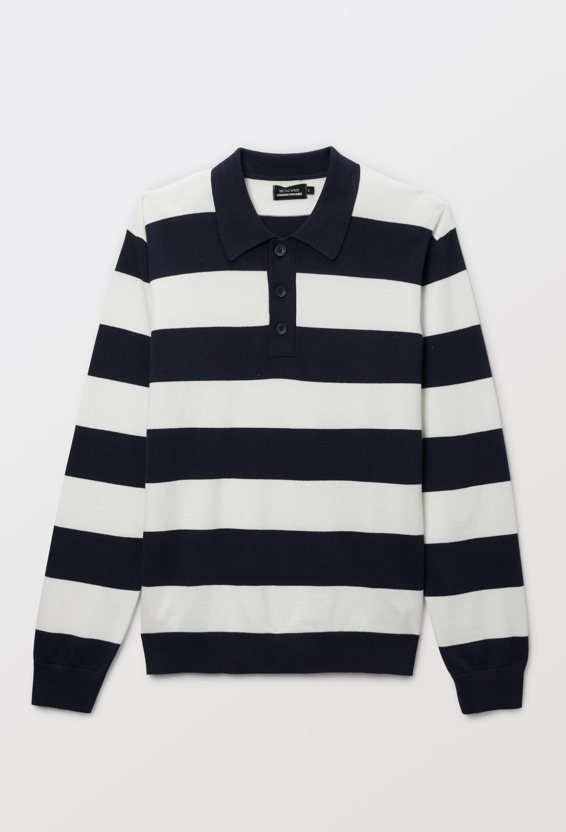 Pull col polo ray&eacute; en coton bio GOTS, Bleu fonc&eacute;, large image number 2.0