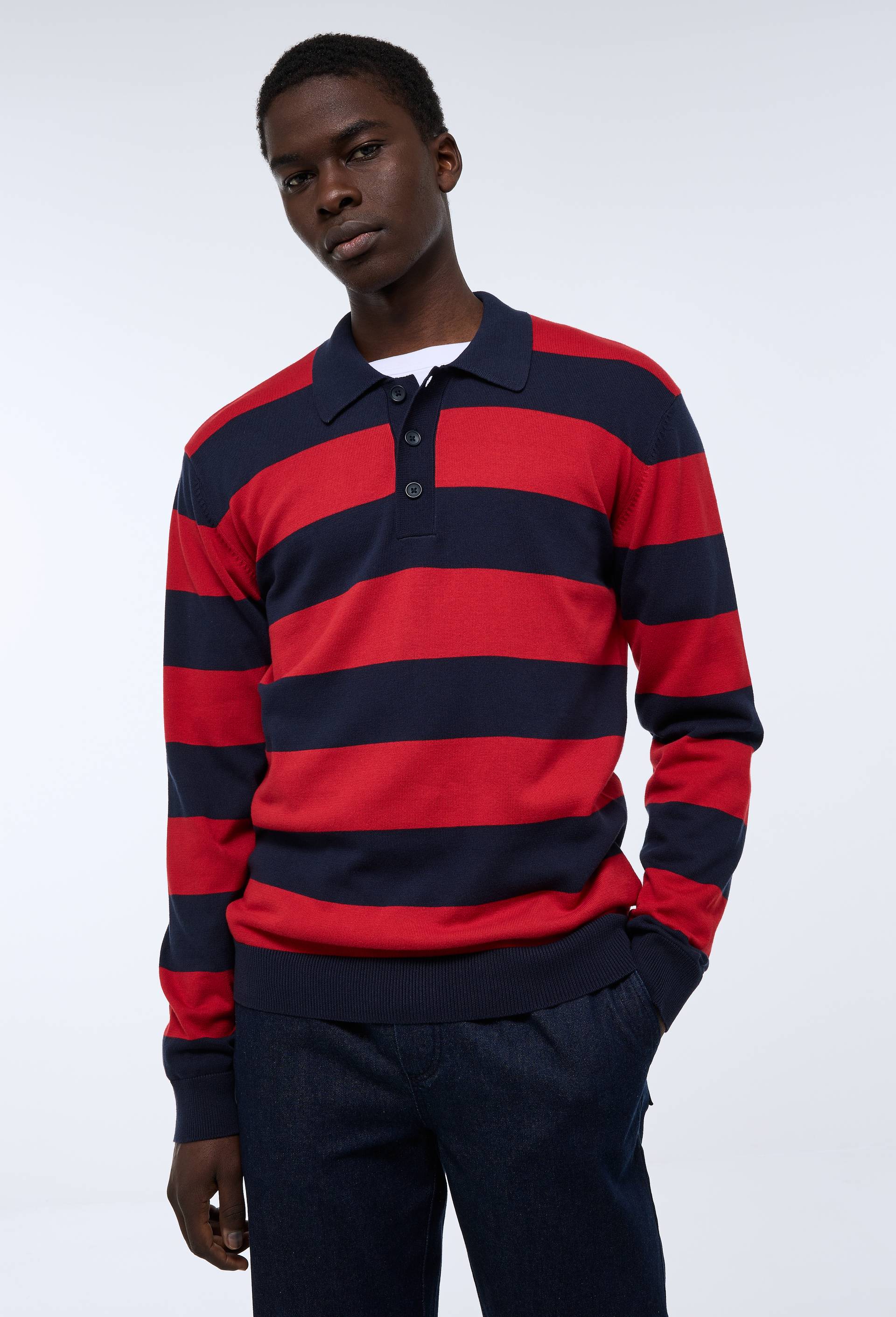 Pull col polo ray&eacute; en coton bio GOTS, Rouge, large image number 2