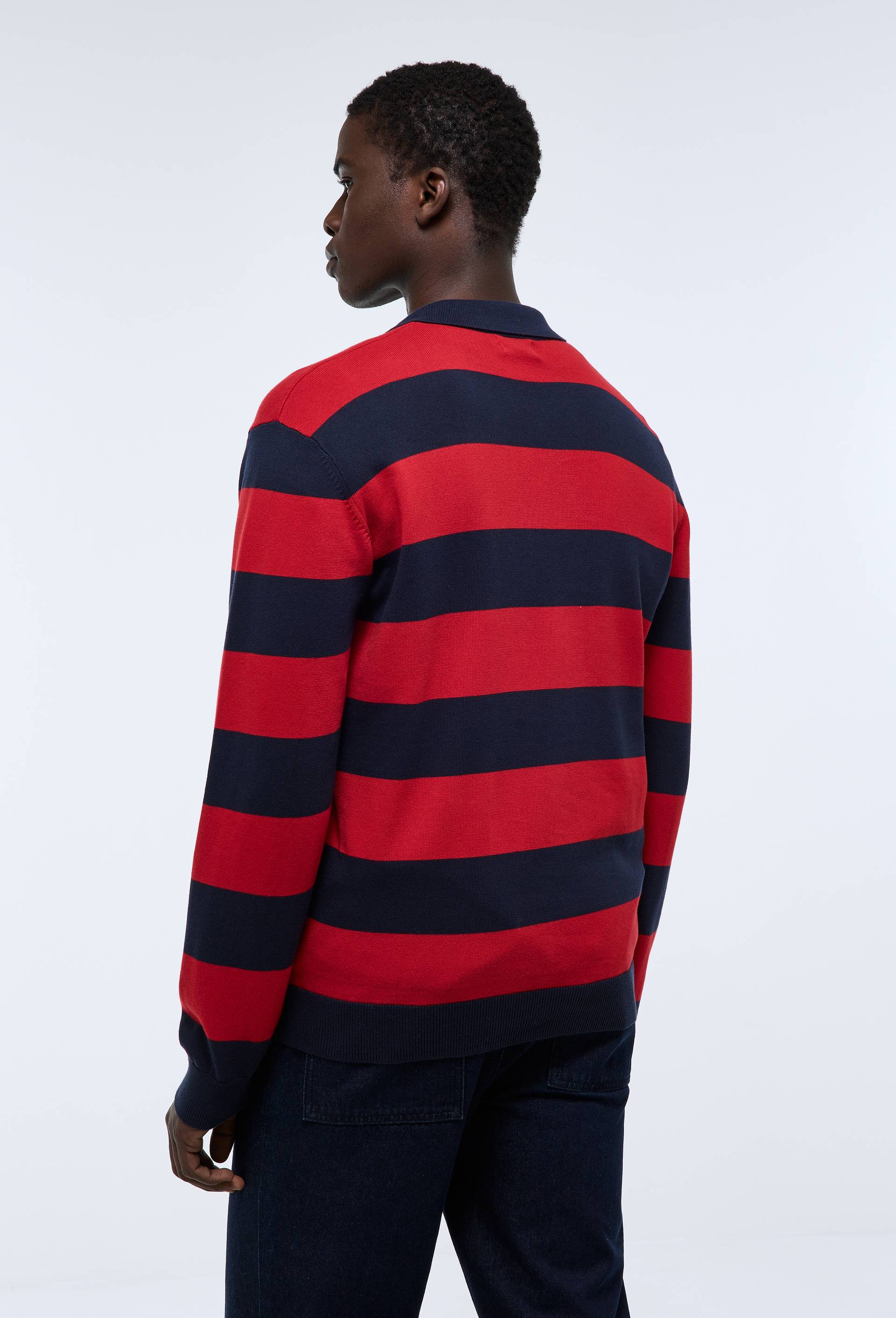 Pull col polo ray&eacute; en coton bio GOTS, Rouge, large image number 3