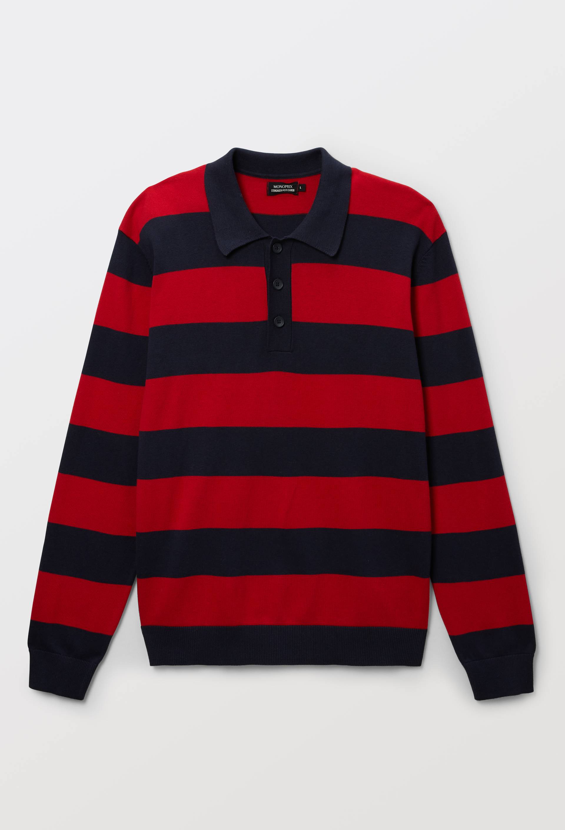 Pull col polo ray&eacute; en coton bio GOTS, Rouge, large image number 4.0