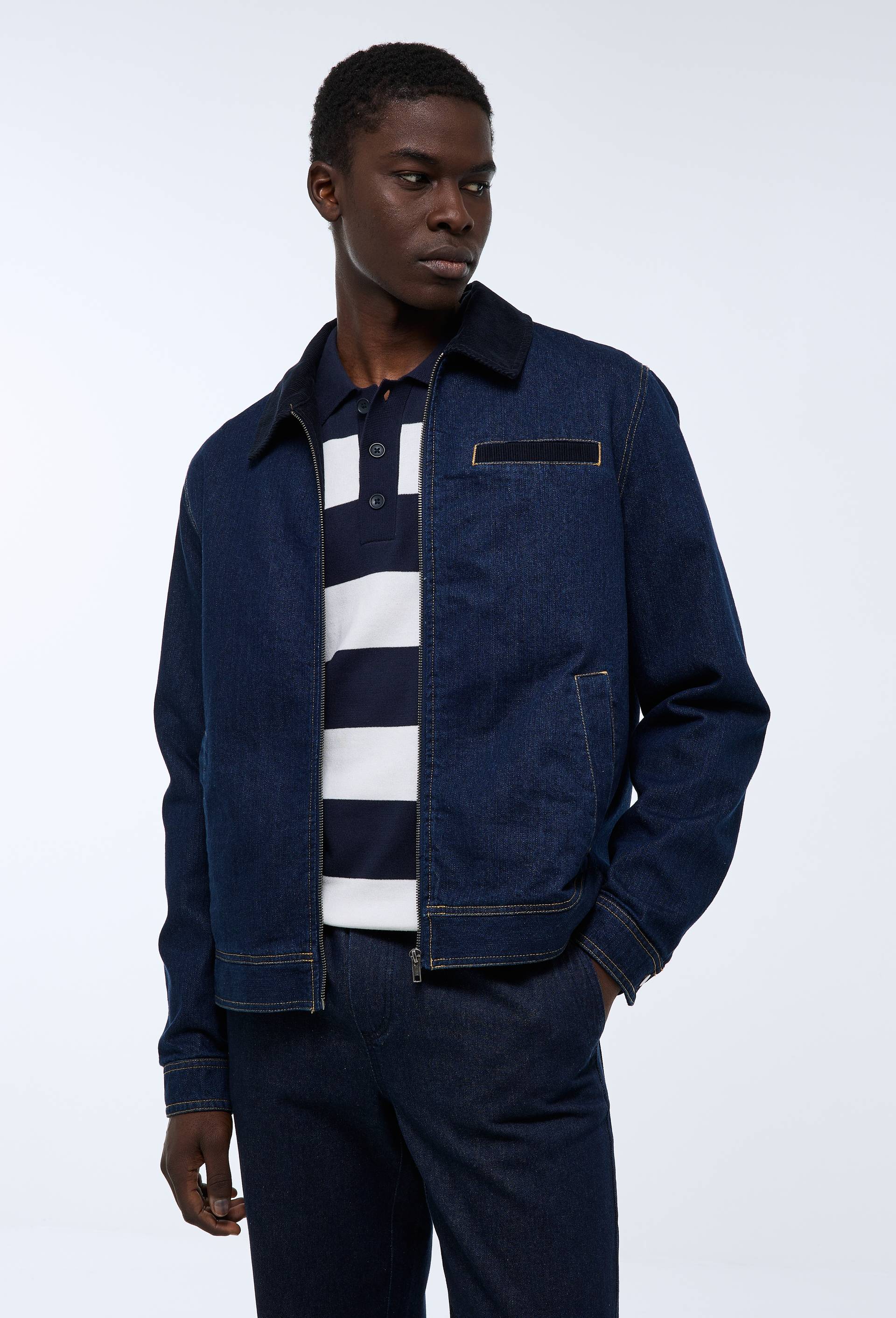 Veste en jean en coton avec col velours, Bleu fonc&eacute;, large image number 2