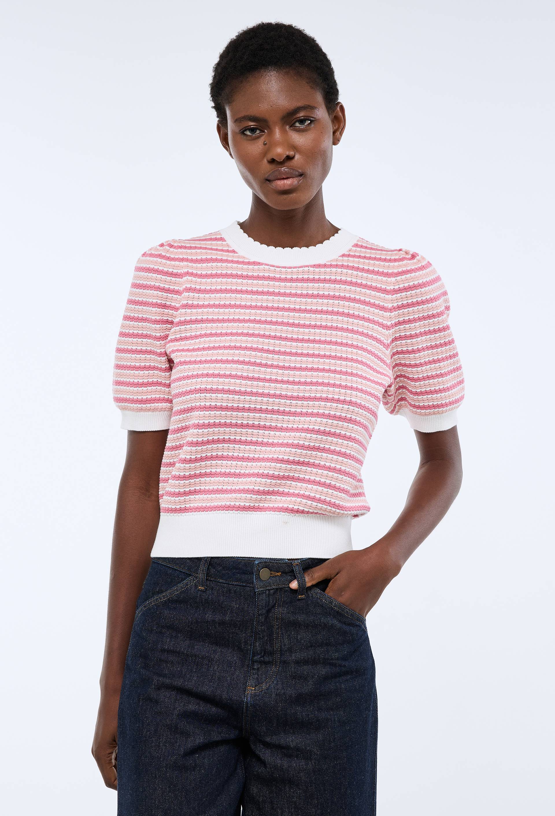 Pull manches courtes &agrave; rayures, Rose clair, swatch image