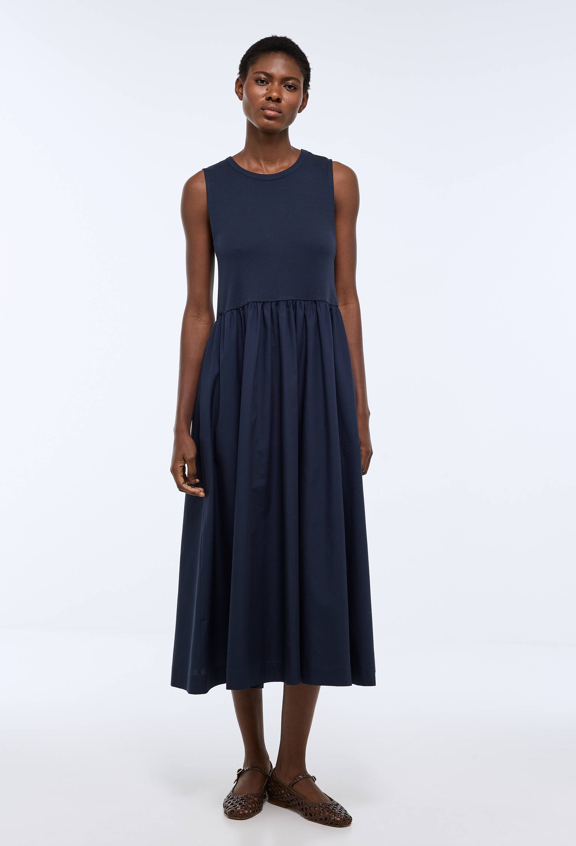 Robe longue d&eacute;bardeur - Col rond - Bi mati&egrave;re en coton BIO, Bleu fonc&eacute;, swatch image