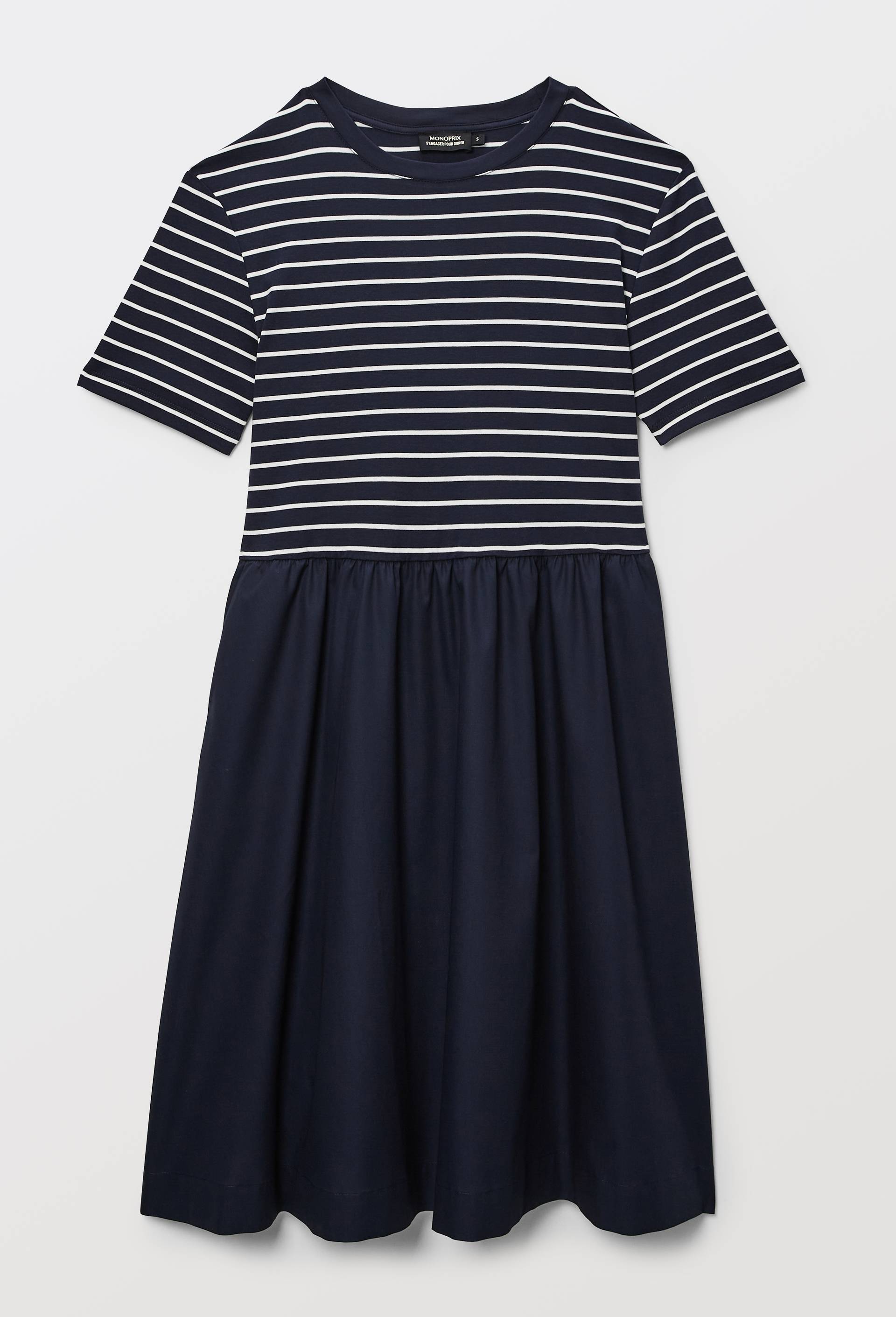 Robe courte bi-mati&egrave;re unie en coton BIO, Bleu fonc&eacute;, large image number 3.0