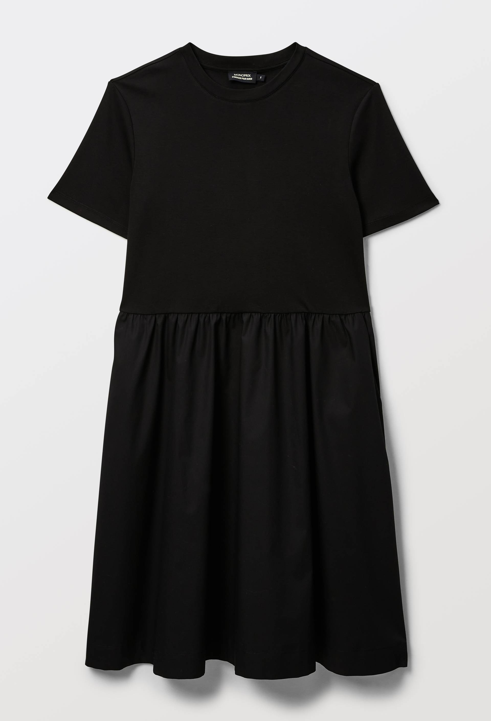 Robe courte bi-mati&egrave;re unie en coton BIO, Noir, large image number 2