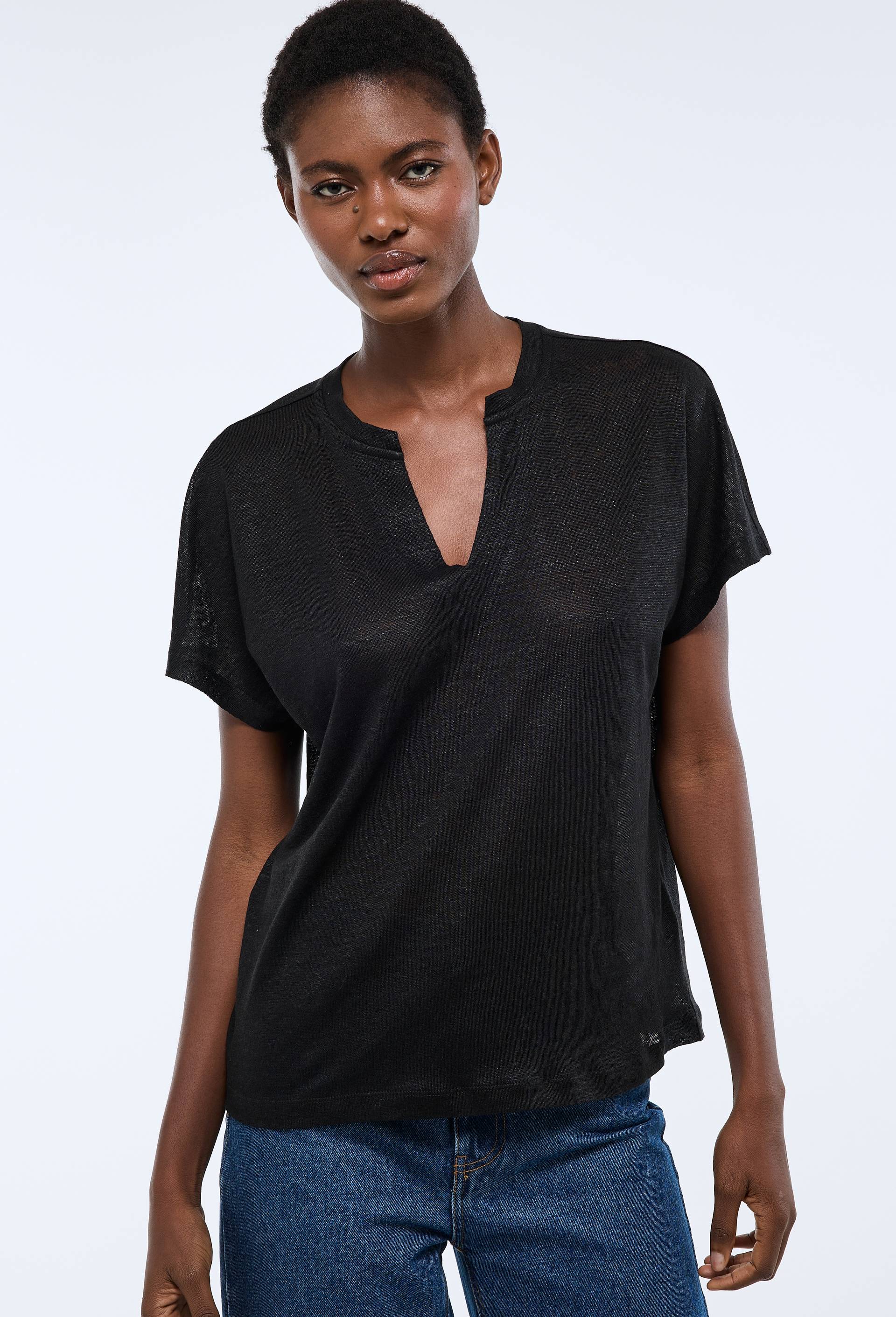 T-shirt manches courtes m&eacute;tallis&eacute; en lin, Noir, swatch image