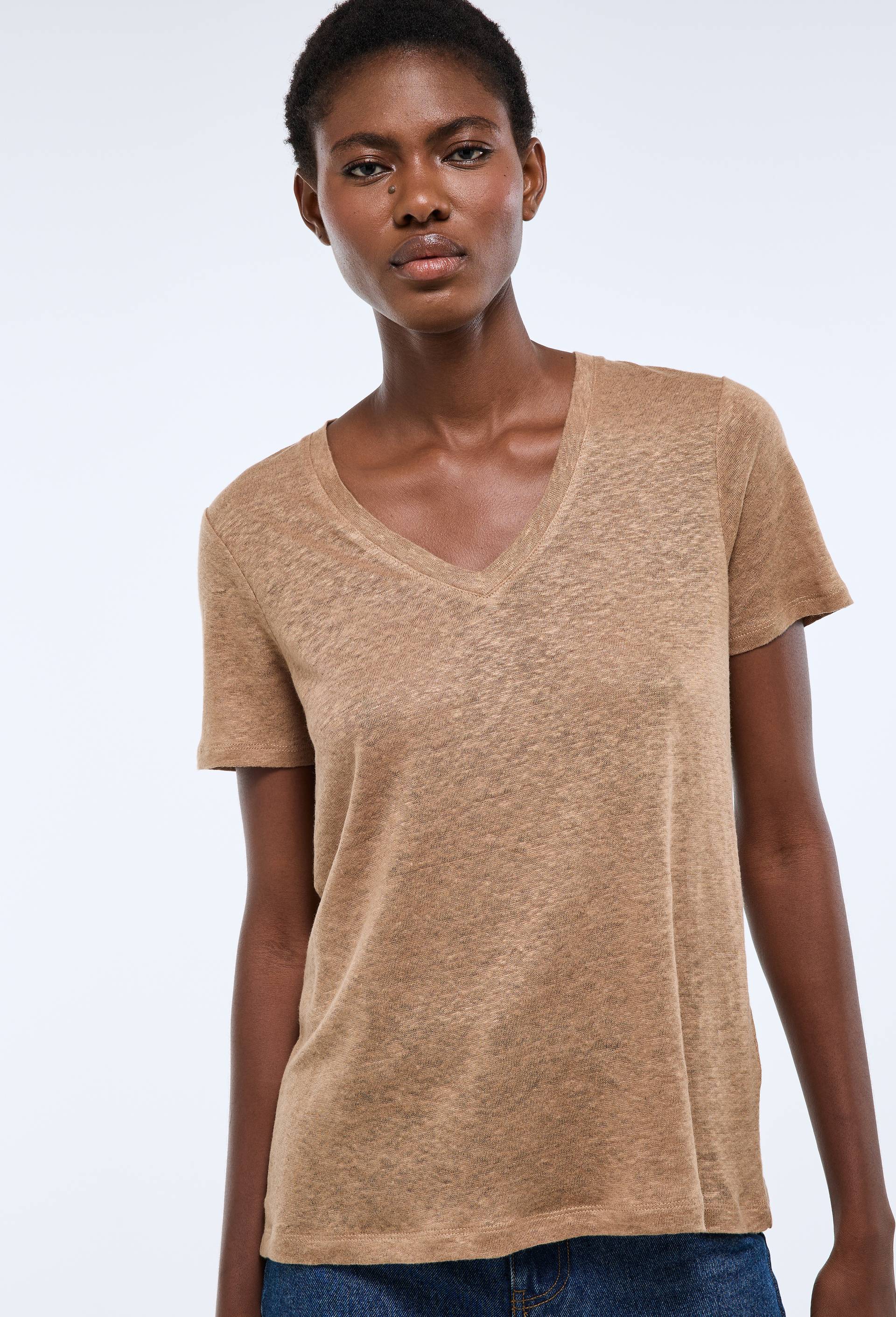 T-shirt manches courtes uni en lin, Beige, large image number 0.0
