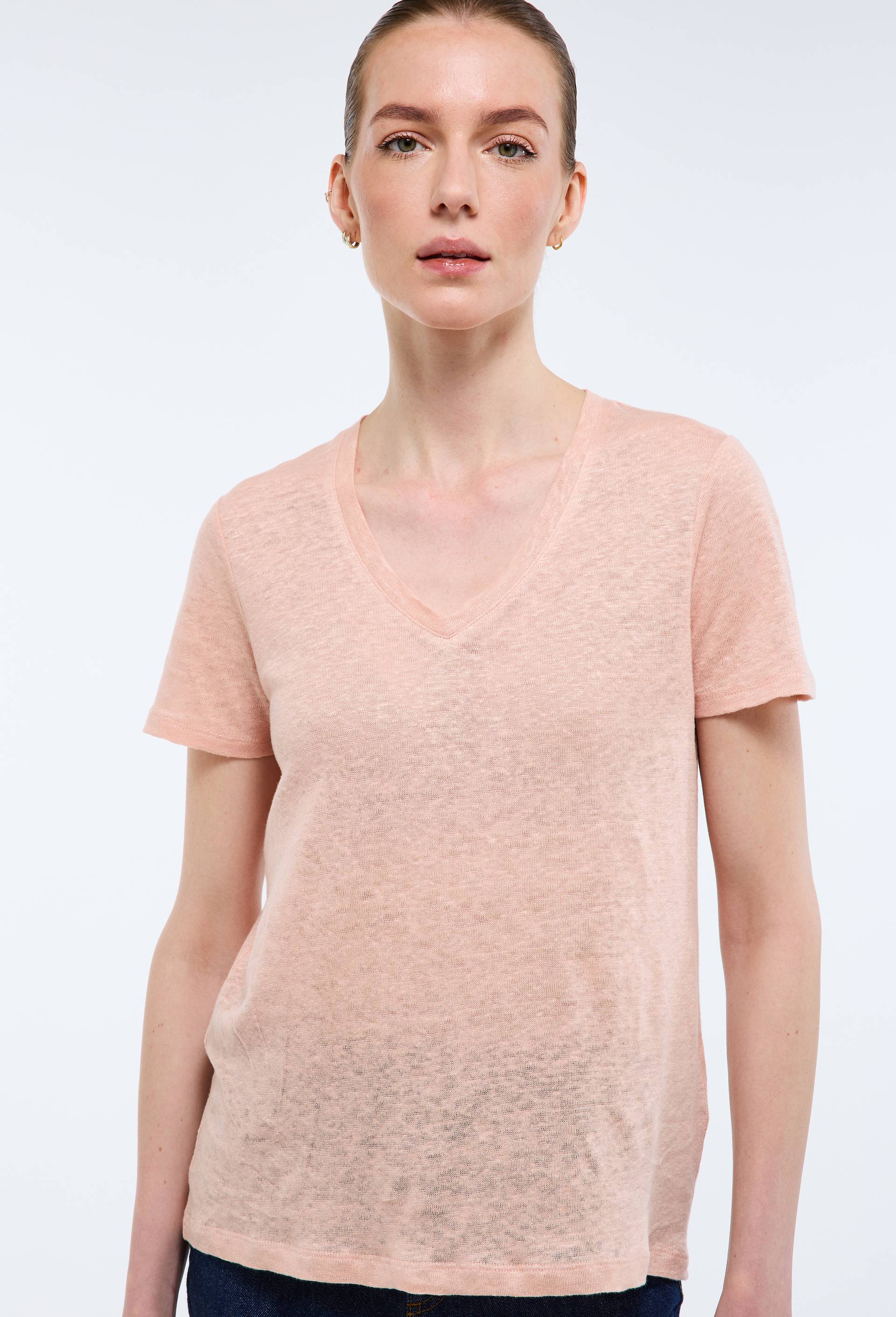 T-shirt manches courtes uni en lin, Rose, swatch image