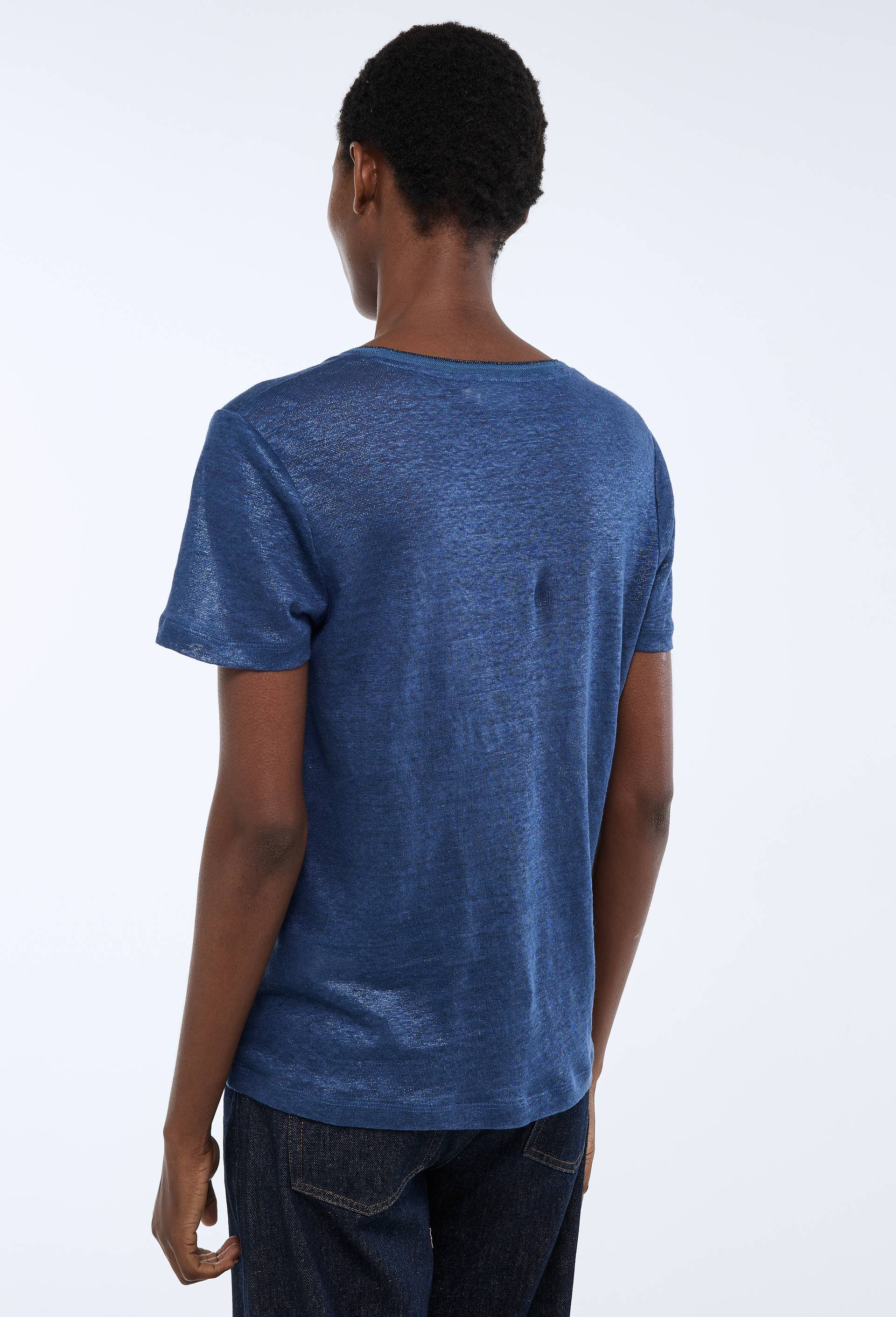 T-shirt manches courtes col m&eacute;tallis&eacute; en lin, Bleu fonc&eacute;, large image number 1