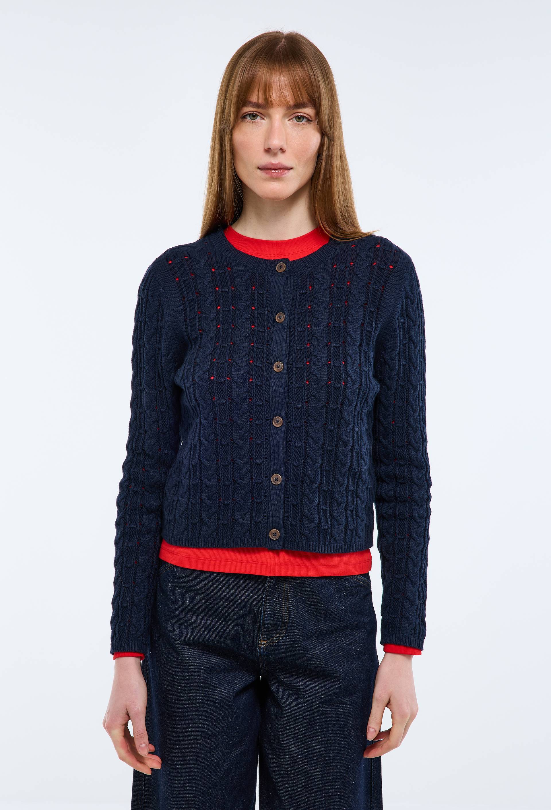 Cardigan boutonn&eacute; &agrave; torsades en coton BIO, Bleu fonc&eacute;, large image number 0.0